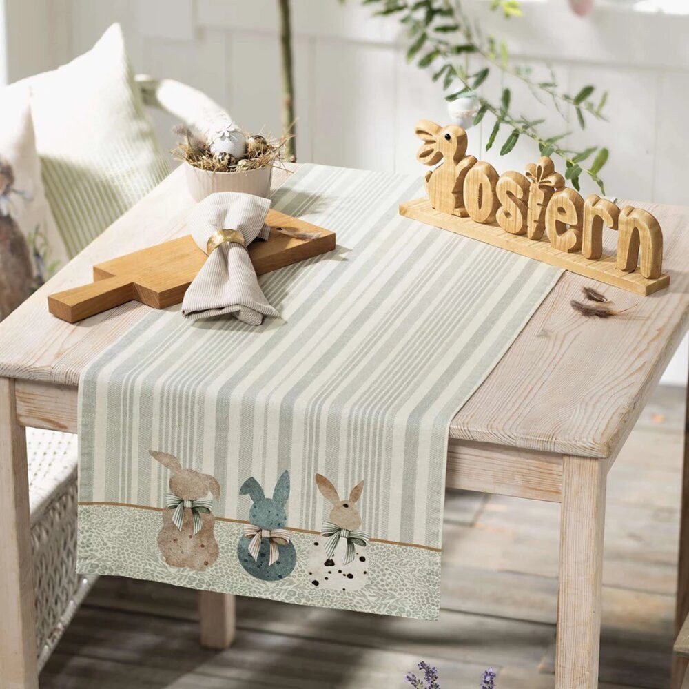 Home-trends24.de Tischläufer Hasentrio Tischdeko Osterhase Beige 40 x 140 Baumwolle Ostern, Ostern