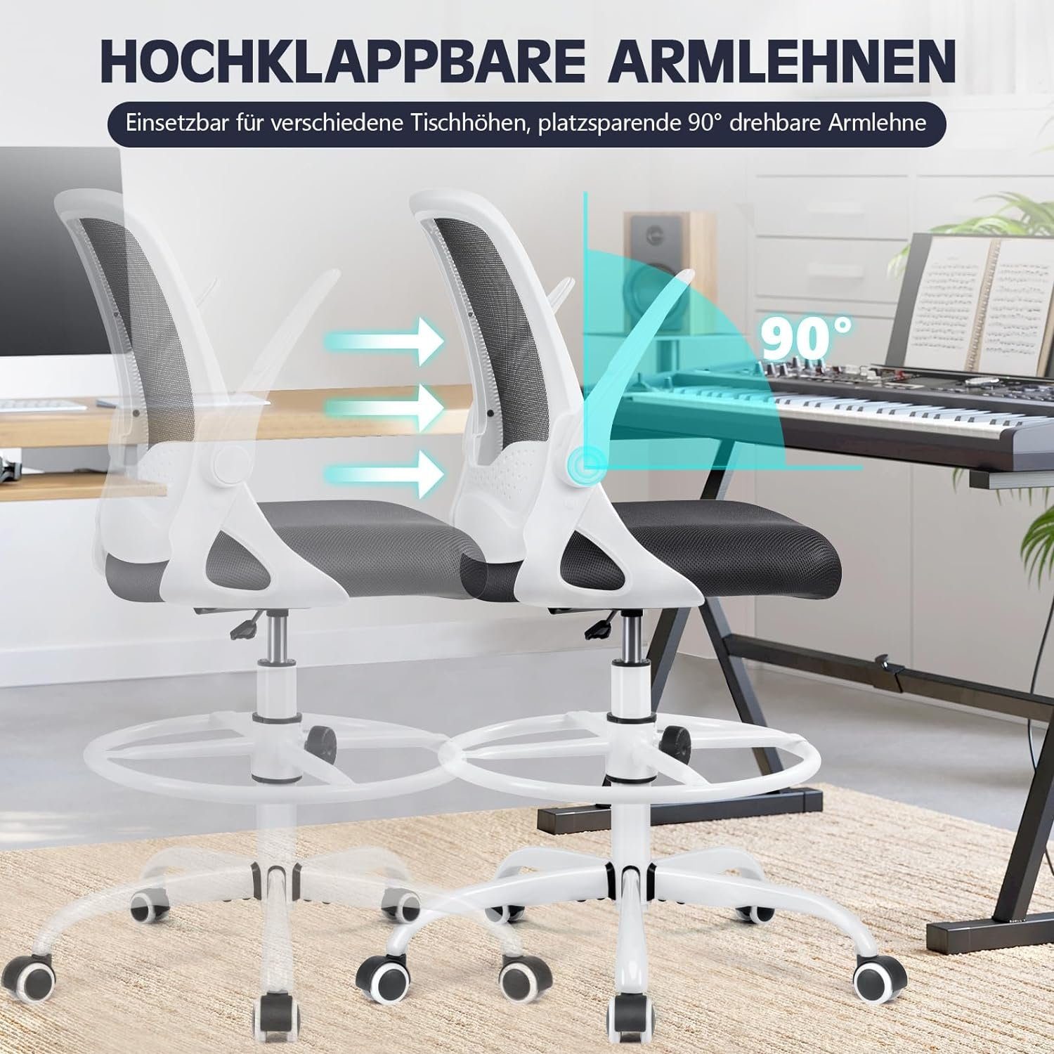 mit Bürostuhl Schreibtischstuhl Armlehnen KERDOM klappbaren mit verstellbarem Bürostuhl (Bürostuhl Schreibtischstuhl ergonomisch: Sitz), Ergonomisch,