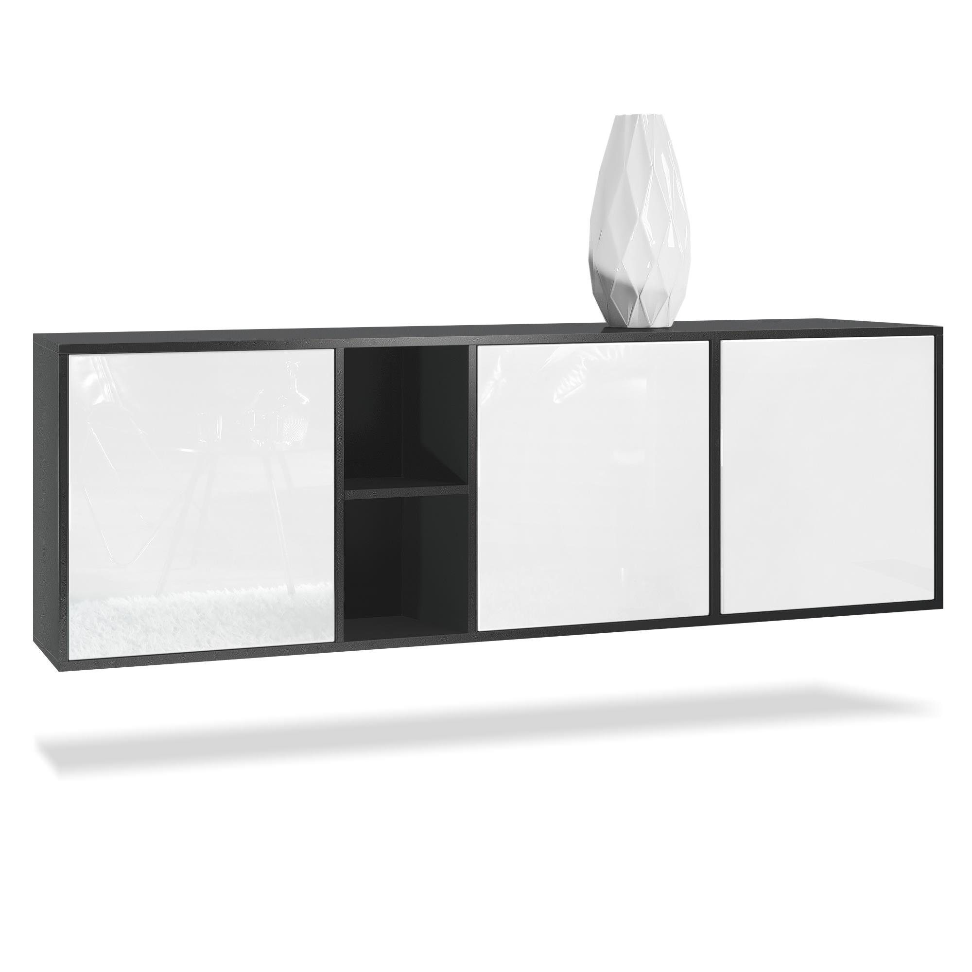 Vladon Sideboard Cuba (Kommode, mit 3 Türen und 2 offene Fächer), Schwarz matt/Weiß Hochglanz (182 x 53 x 35 cm)