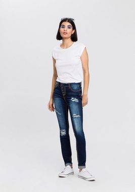 Arizona Slim-fit-Jeans mit sichtbarer, schräger Knopfleiste Mid Waist