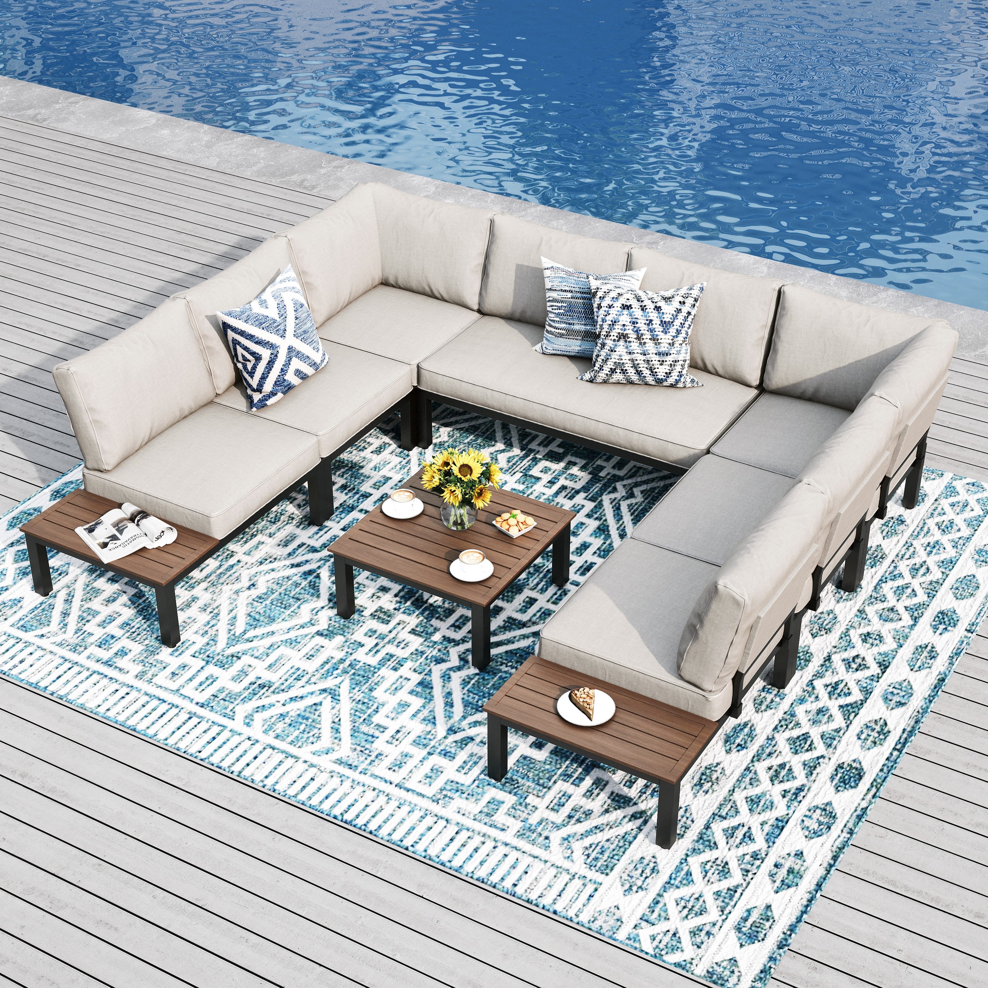 PHI VILLA Gartenlounge-Set, (Gartenmöbel Balkonmöbel mit Verstärkten Kissen und Kaffeetisch), Metall Lounge Möbel Outdoor Gartenlounge, Beige