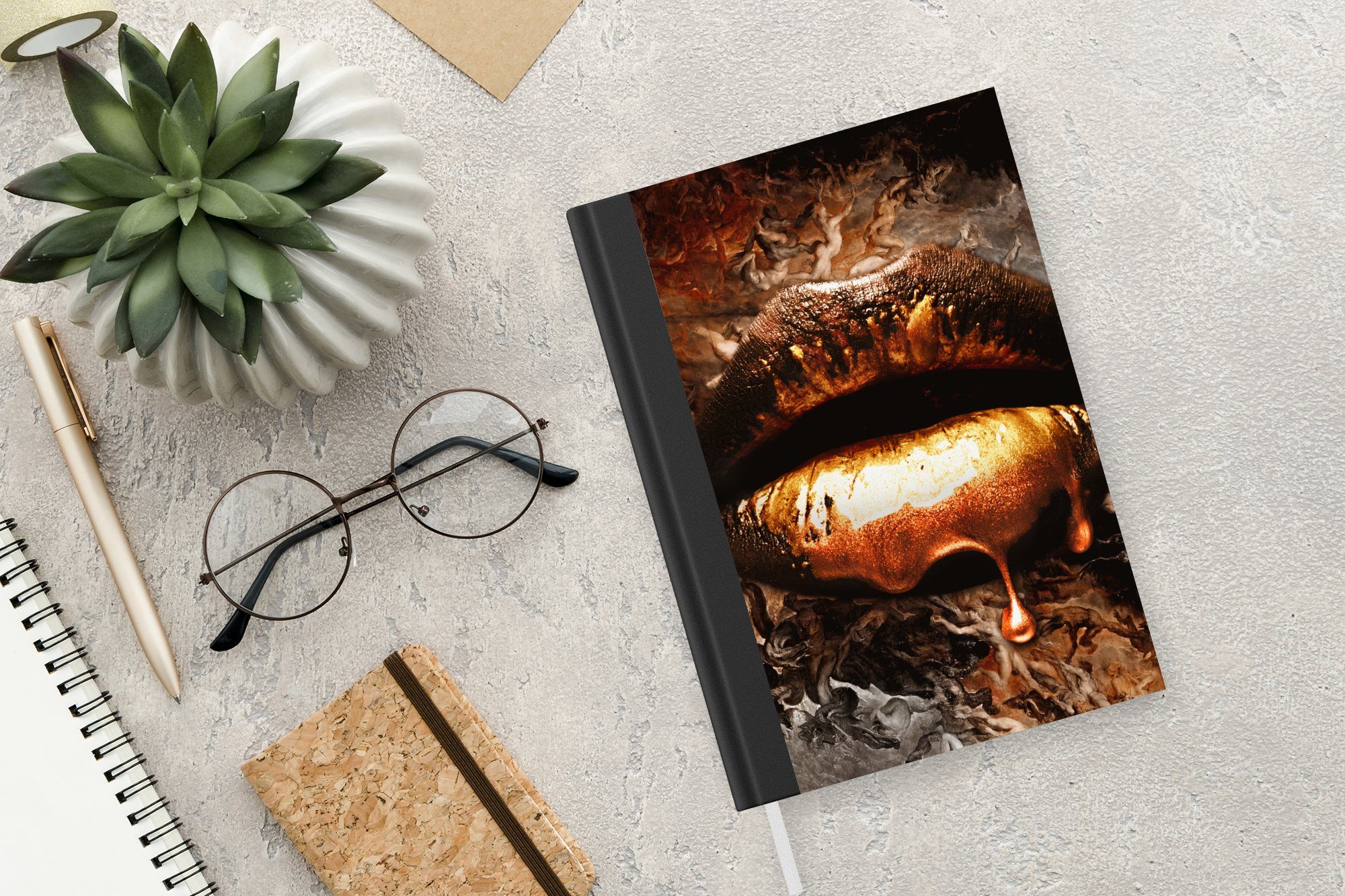 Haushaltsbuch 98 Merkzettel, - Luxus Gold Notizheft, Lippen - Tagebuch, - MuchoWow Abstrakt, - Gold Kunst Journal, - A5, Seiten, Notizbuch