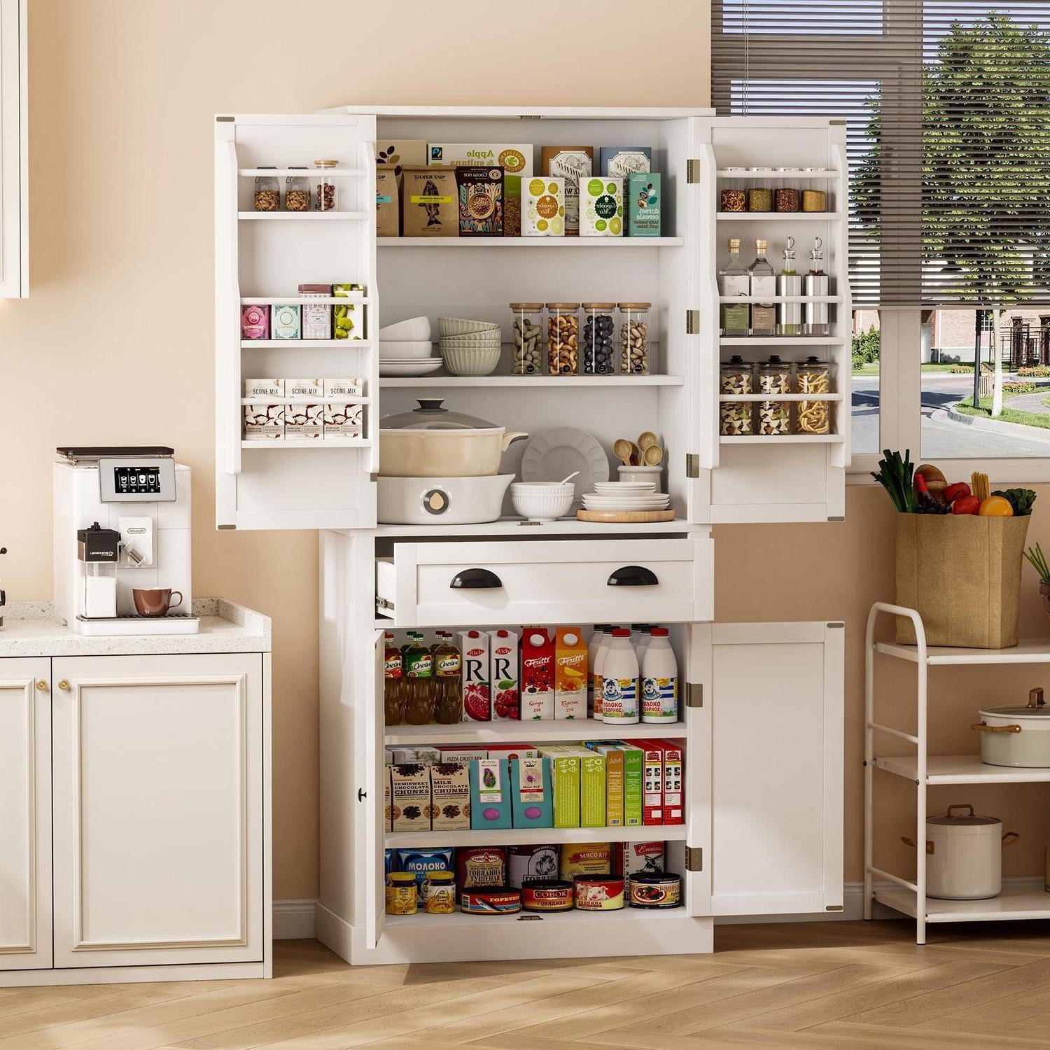 LuxusKollektion Hochschrank Aufbewahrungsschrank 182cm 4 Türen 1 Schublade 6 Staufächer Weiß