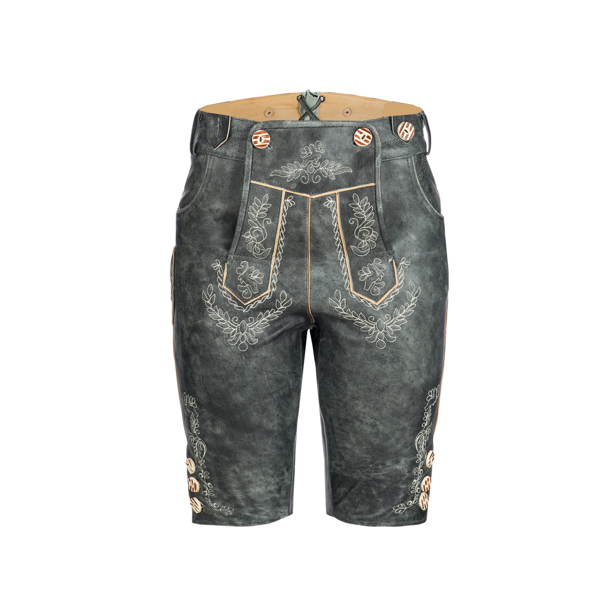 BOHMBERG Trachtenlederhose Damen Lederhose knielang Echtleder Antik Grau mit Hosenträgern