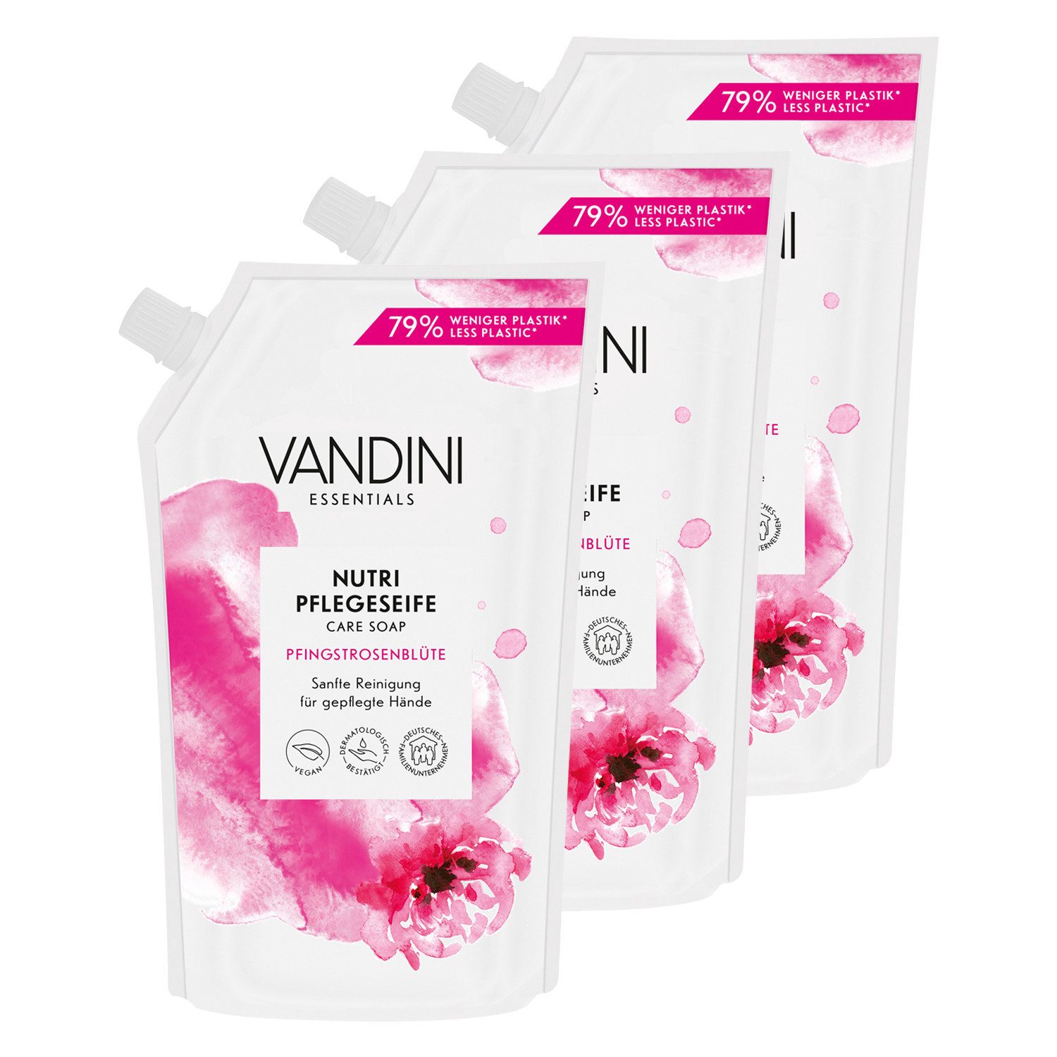 VANDINI Flüssigseife Nutri Seife Nachfüllbeutel mit Pfingstrosenblüte Duft, vegan, 1500ml, 3-tlg.