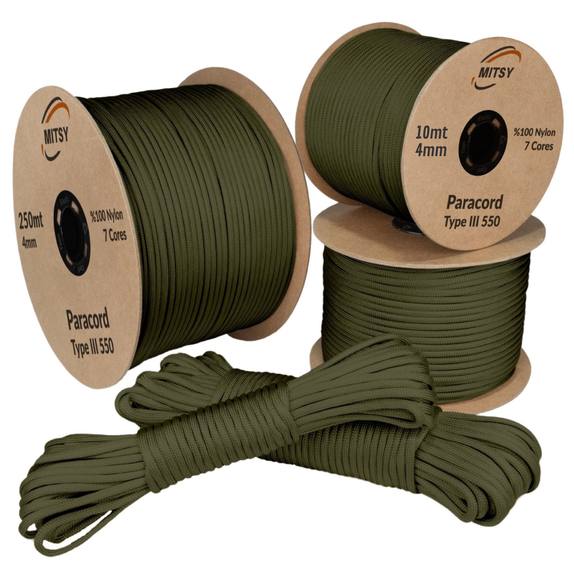 MITSY Seil 4mm Paracord 550 Typ III – Starkes Nylonseil für Outdoor & Survival (7-Kern Aufbau, Reißfest & Langlebig), Extra stark, 250 kg Belastbar, UV-beständig, für Camping & Hundeleinen