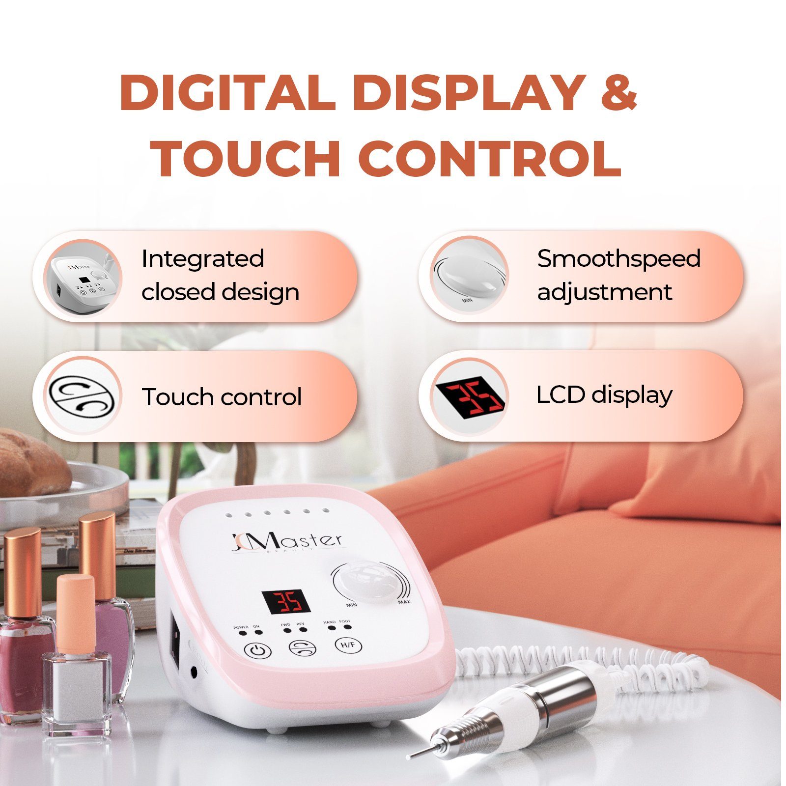 JCMaster Maniküre-Pediküre-Set Nagelfräser Profi 35.000 U/Min, inkl 6x Bits, elektrische Nagelfeile für Gelnägel Acrylnägel, mit Fußpedal