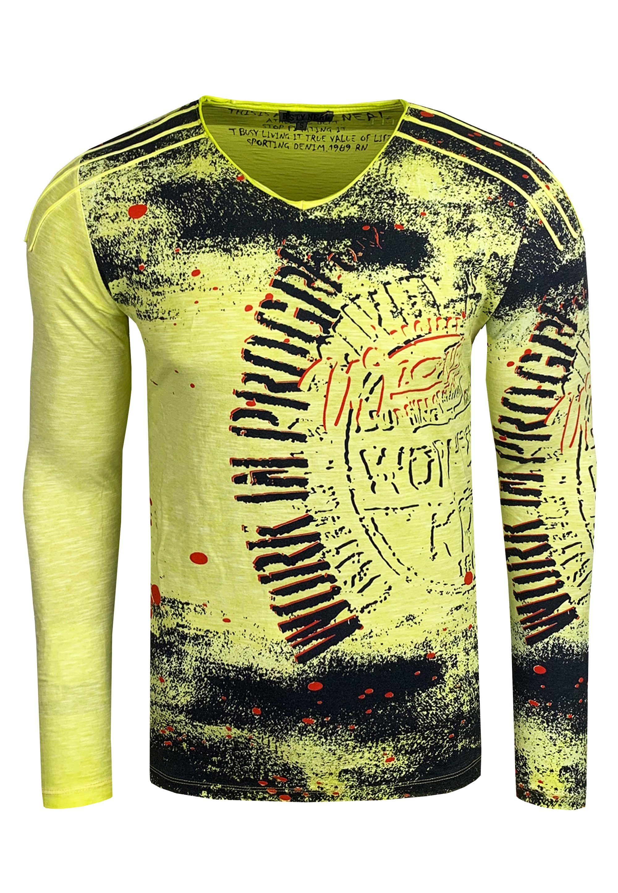 Rusty Neal Langarmshirt mit coolem Allover-Print gelb | Shirts