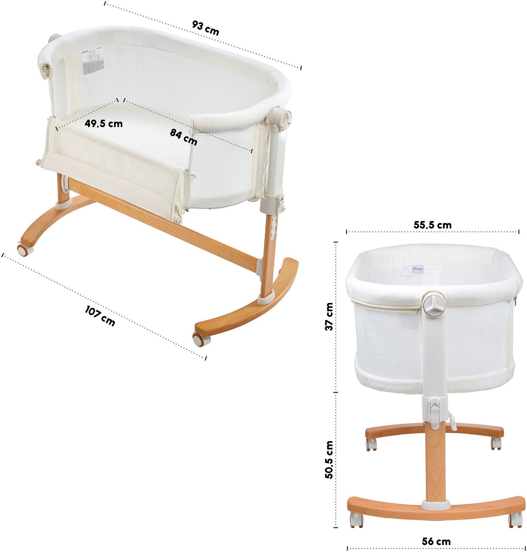 BabyGo Amila bedside crib, beige white, with rocking function