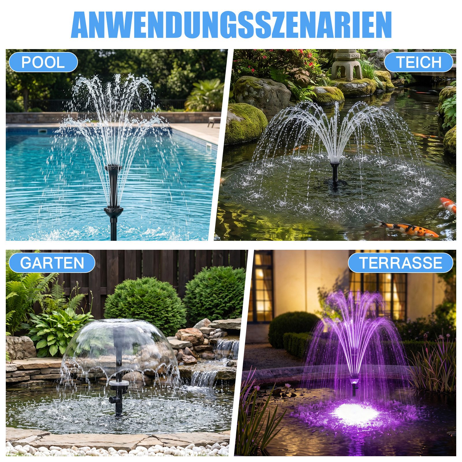 XIIW Springbrunnenpumpe RGB Gartenbrunnen Pumpe mit Teichfilter UVC-Klärer & 3 Düsen Fontäne (45W 3000L/H Wasserspielpumpe mit 6M Kabellänge), Springbrunnenpump – Bild 5 von 5