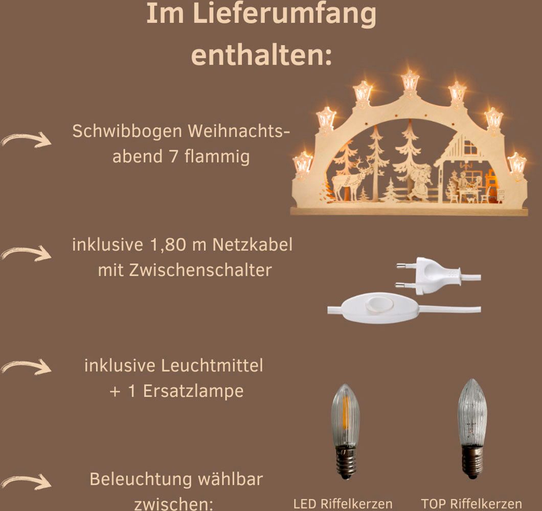 Weigla Schwibbogen Weihnachtsabend, Lichterbogen aus Holz, NATUR, Made in Germany (1-tlg), Erzgebirge garantiert, Weihnachtsdeko Innen, Weihnachtsbeleuchtung