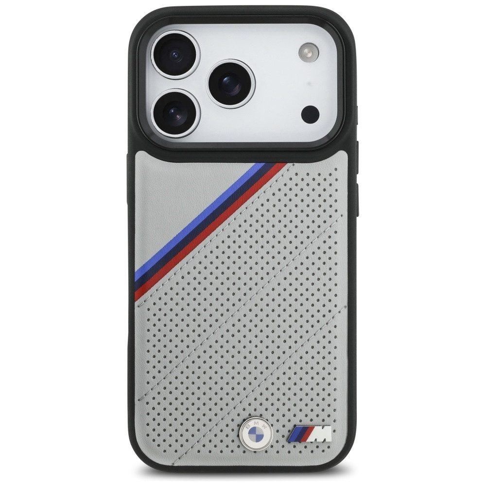 BMW Handyhülle Case iPhone 17 Pro MagSafe Kunstleder grau Tricolor Logo Metall 6,3, Kantenschutz