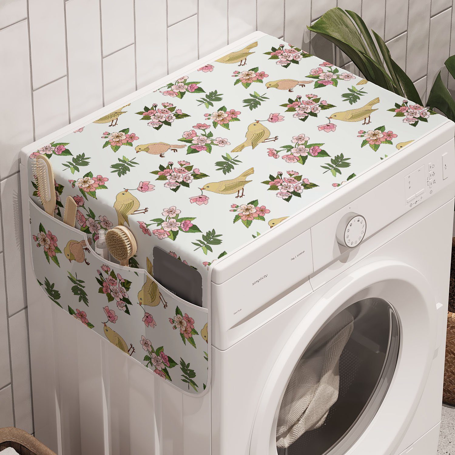 Abakuhaus Badorganizer Anti-Rutsch-Stoffabdeckung für Waschmaschine und Trockner, Blumen Blumen und Vogel-Muster