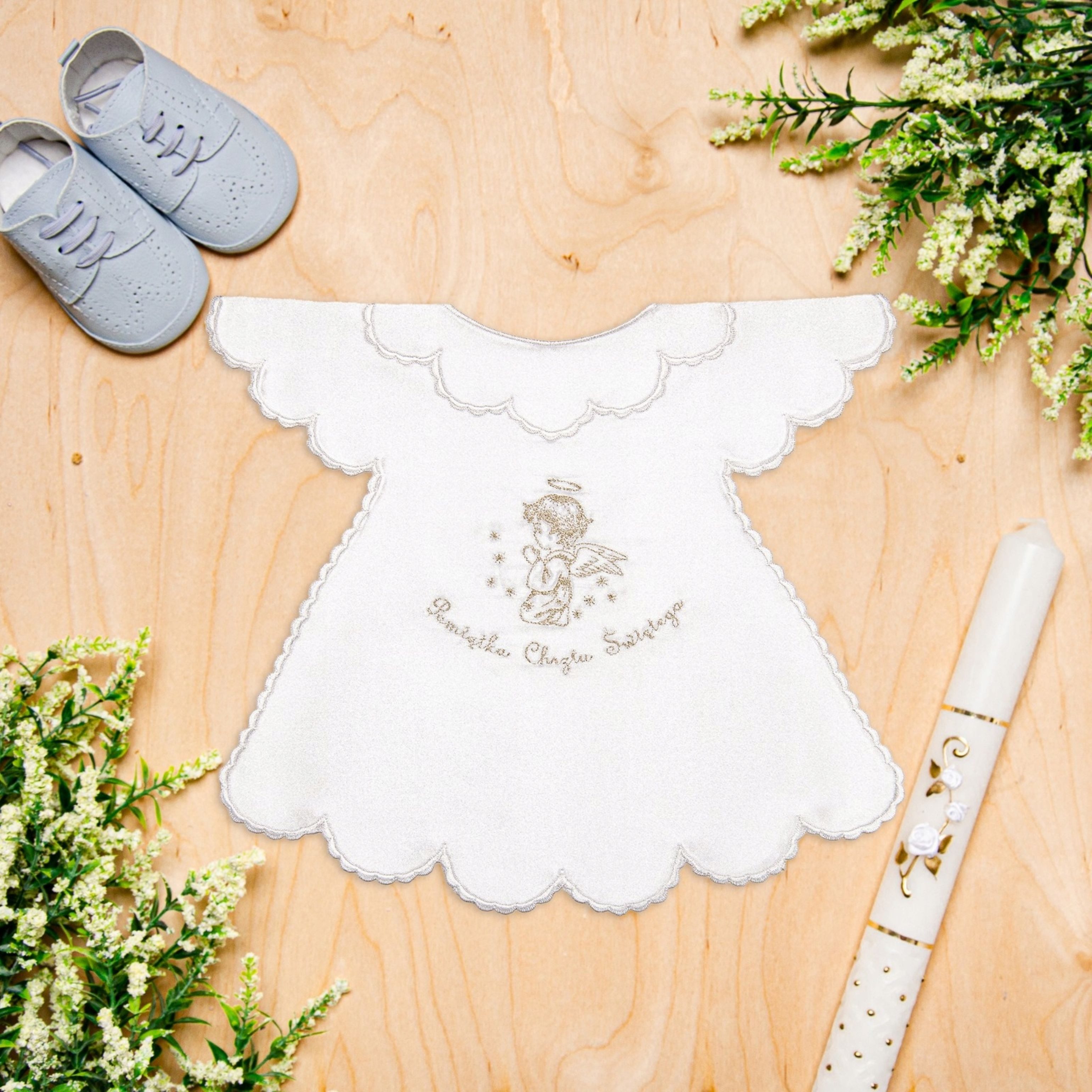 Festivalartikel Taufkleid Tauftuch Herz Engel Stickerei Tauferinnerung Weiß Silber Unisex (1-tlg)