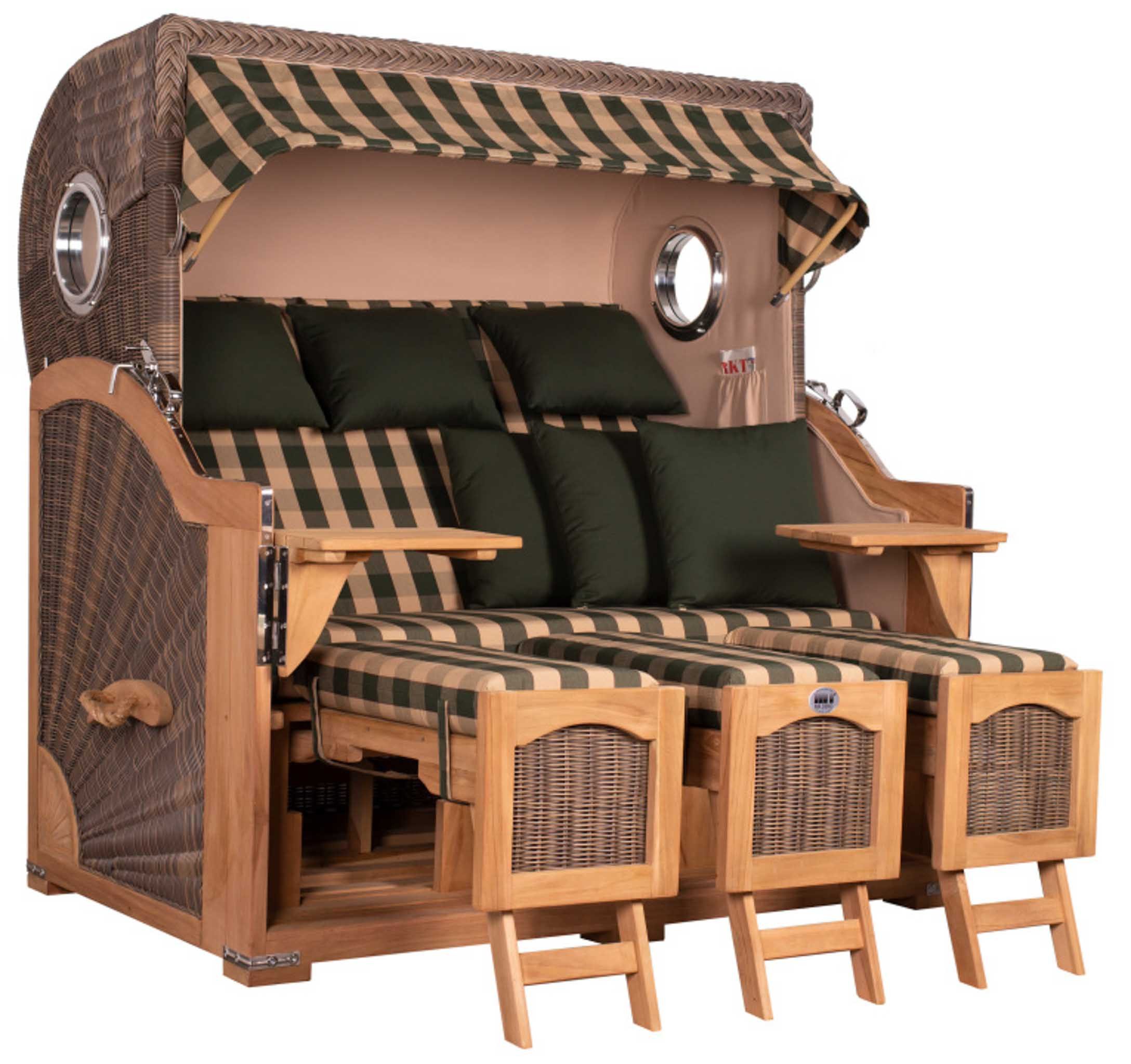 MR.DEKO Strandkorb XXL Düne Grande Familien-Korb Teak PE Grey mit Bullaugen, 3-Sitzer, BxTxH: 170x95x170 cm, Volllieger, Düne, (Fertig montierter Strandkorb für Garten, Terrasse & Balkon), Wetterfester Volllieger mit Edelstahlbeschlägen & waschbaren Polstern