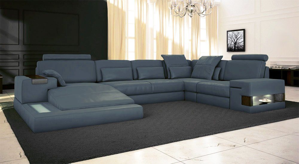 Leder U-Form »HAMBURG LED Blau BULLHOFF Licht Sofa Wohnlandschaft Eckcouch - Ocean Wohnlandschaft