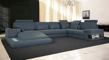 BULLHOFF Wohnlandschaft Leder Wohnlandschaft XXL Sofa U-Form Couch Grün LED Designsofa HAMBURG