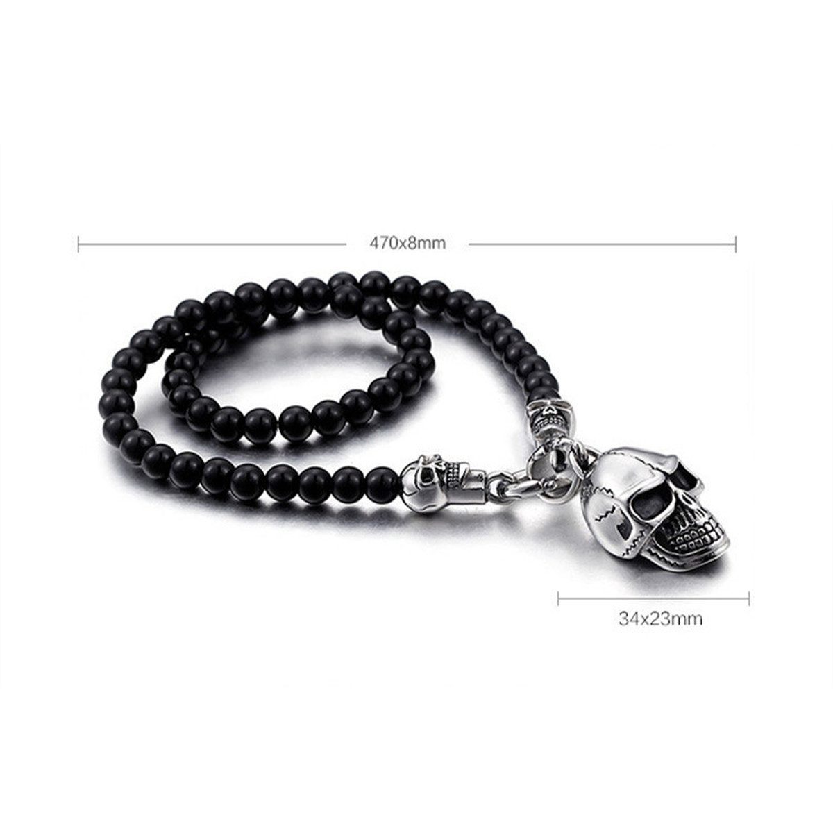 KARMA Kette mit Anhänger Herren Perlenkette schwarz Totenkopf Halskette Herrenschmuck Kette (modern, Geschenk für Ihn Herren Männer Herrenschmuck), Totenkopfkette Totenkopfhalskette Glasperlen Edelstahl
