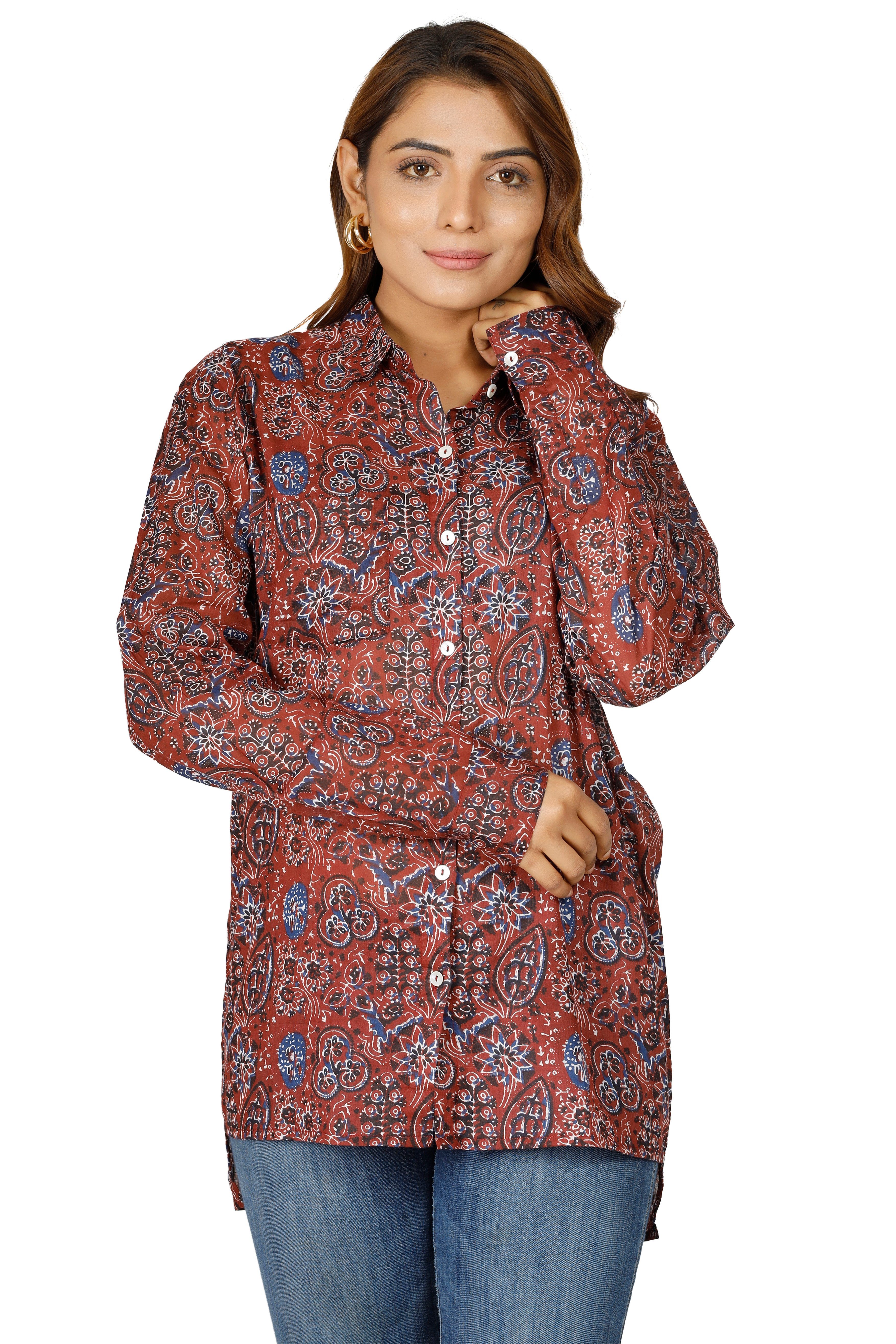 Guru-Shop Longbluse Handbedrucktes Boho Langarmhemd, luftiges.. alternative Bekleidung rostrot