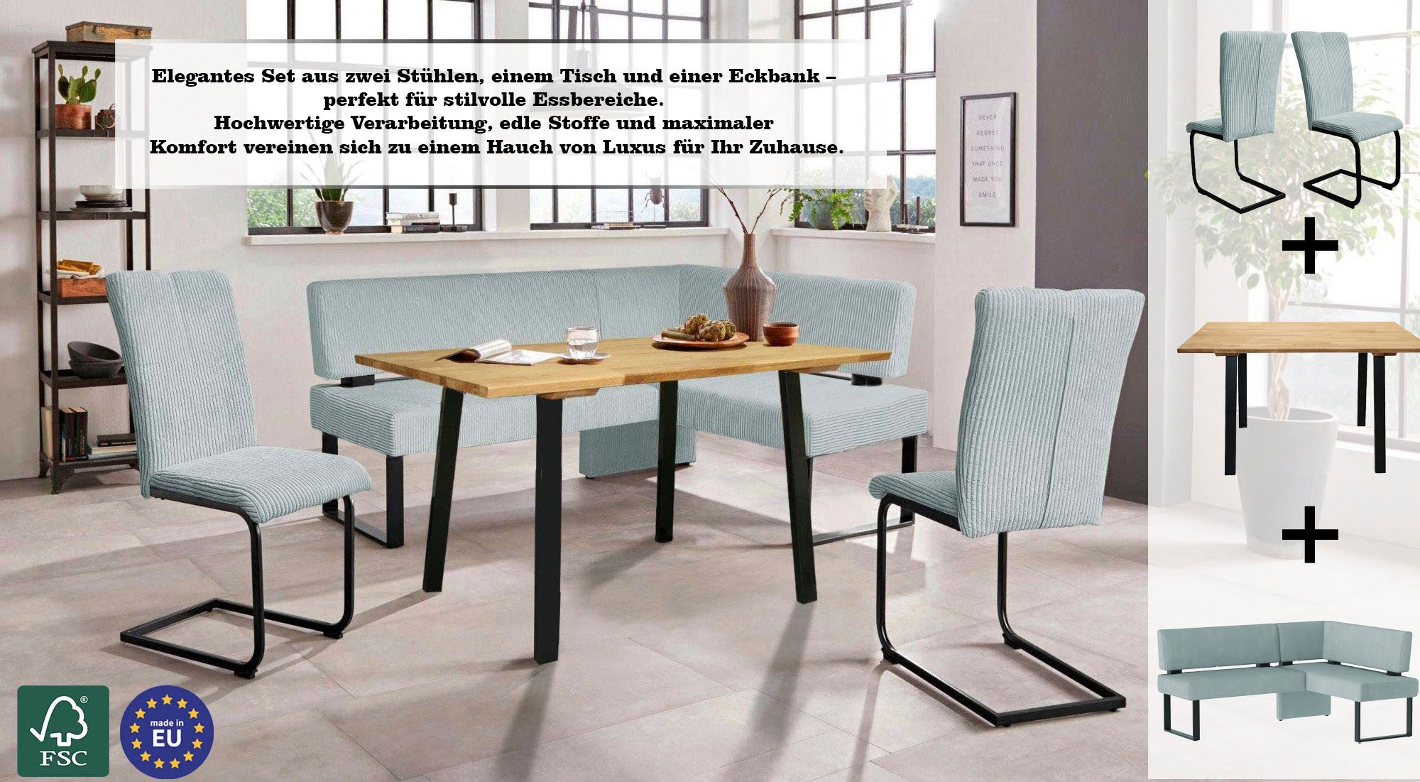 OTTO home Eckbankgruppe Oliver, (Set, 4-tlg., 4-tlg), Eckbank mit Wellenunterfederung im Sitz, Tisch Massiv Eiche