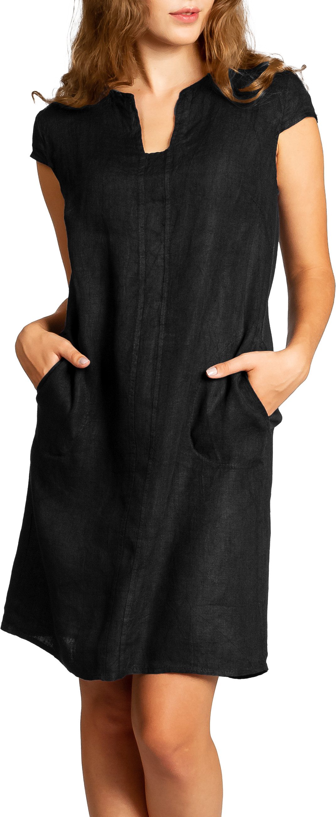 Caspar Sommerkleid Caspar SKL036 Damen Sommer Leinenkleid mit ausgefallenem Ausschnitt Luftig leicht, figurumspielende Form, mit seitlichem Jersey-Einsatz