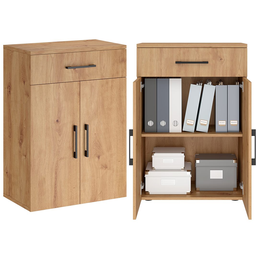 Bellamio Mehrzweckschrank Apol 88 cm hoch (2 Fächer & 1 Schublade, Eichenoptik) Büroschrank verfügbar mit & ohne Schublade