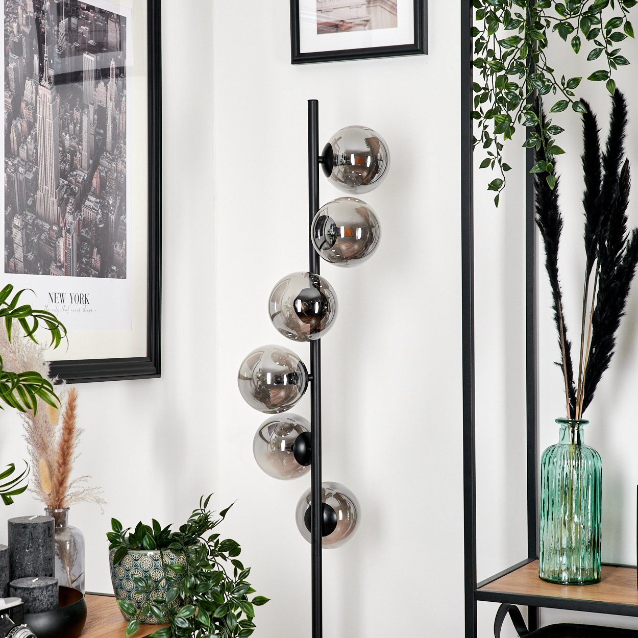 hofstein Stehlampe Stehlampe aus Metall/Glas in Schwarz/Rauchfarben, ohne Leuchtmittel, Standlampe im Retro-Design aus Glas, 6 x G9, ohne Leuchtmittel