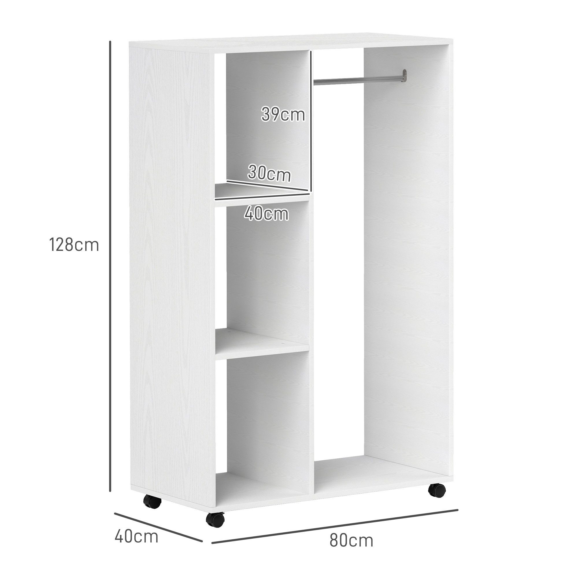 HOMCOM Garderobenschrank Kleiderschrank auf Rollen mit 1 Kleiderstange, 3 Regalen (Garderobenschrank, 1-St., Rollbarer Kleiderständer) für Flur, Schlafzimmer, 80 x 40 x 128 cm, Weiß