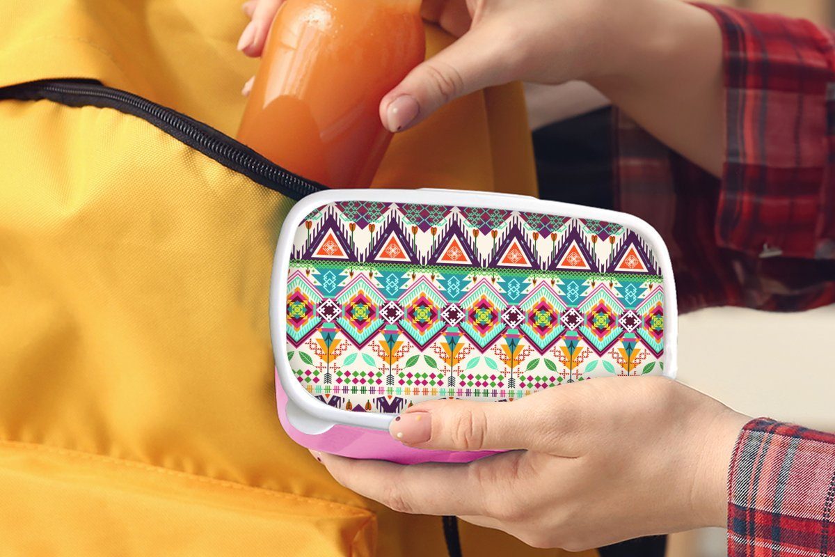 Mädchen, MuchoWow - Brotbox Kinder, Snackbox, Lunchbox für rosa - Azteken Südamerika Kunststoff Muster, Brotdose (2-tlg), Kunststoff, Erwachsene,
