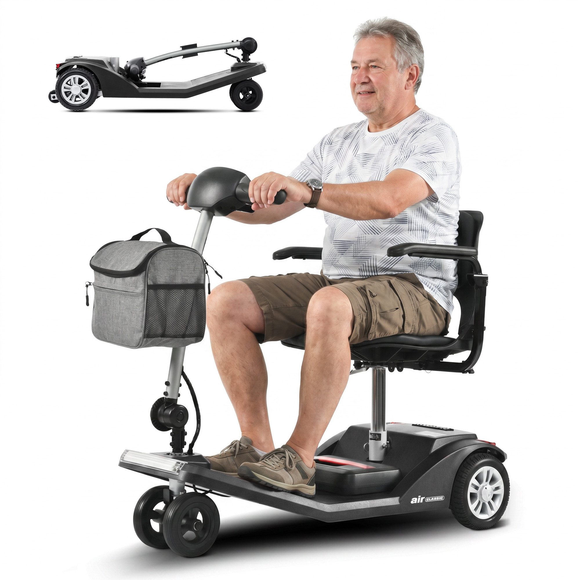 LVHOM Elektromobil Tragbarer Alu(leicht aber stabil) Seniorenmobil, 4-Rad-Scooter,faltbar, (in den Kofferraum(Autos) & Flugzeug mitgenommen werden kann. Ergonomischer Sitz (höhenverstellbar, 360° drehbar) mit Armlehnen + Frontkorb, Front-/Rück-LED mit Bremslicht + elektromagnetische Bremse, Hochwertiger Zerlegbarer Rahmen aus Aluminiumlegierung, [12Ah,250W,945MM]. 120 kg Tragkraft. 15km Reichweite., Flugzeug-taugliches Faltdesign (115×53.5×37 cm gepackt), Mobilitätsfreiheit für Generationen, Gesamtgewicht: 29kg