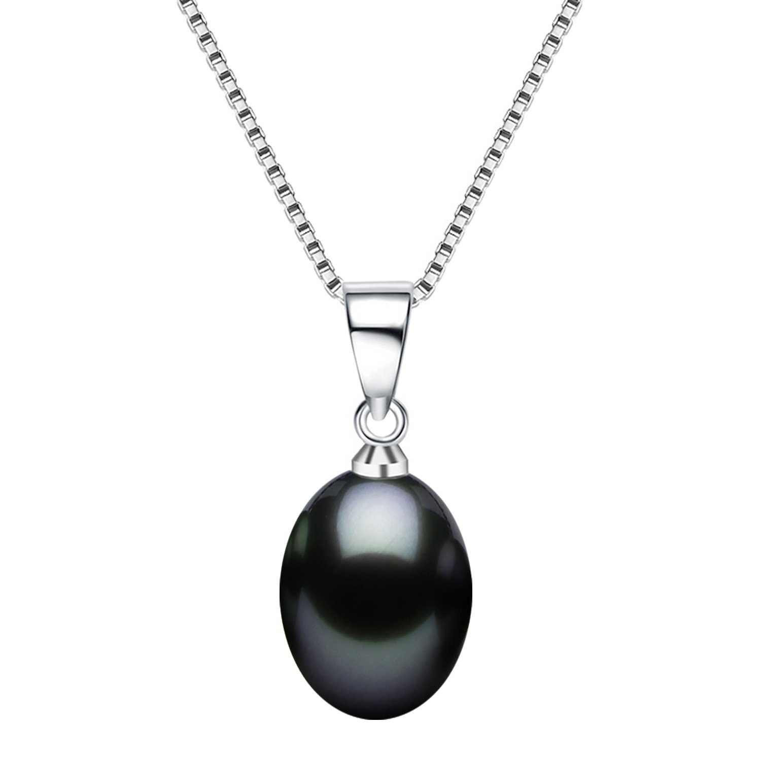 LÖB Kette mit Anhänger 925 Silber Halskette Zuchtperle Echte Tropfen Perlen Anhänger Schwarz (Geschenke für Frauen Damen Beste Freundin Mutter Mama Ehefrau Oma sie zum Geburtstag Schmuck Herbst Oktoberfest, Inkl. Schmuckbox), Kette Brautschmuck Perlenkette Perlenanhänger Süßwasserperle Rund Oval