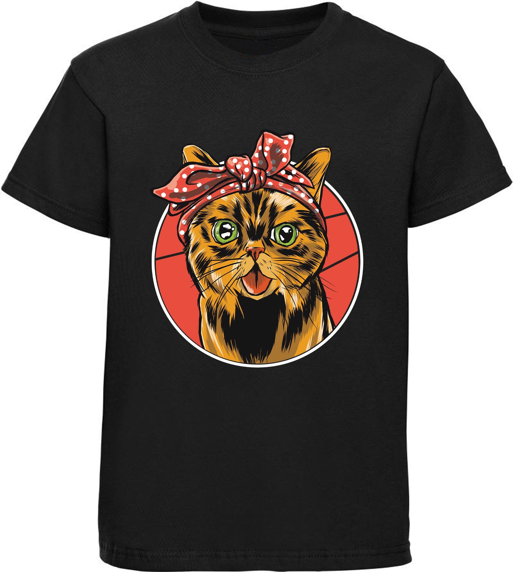 bedrucktes rot, Kinder Baumwollshirt Katze i103 Print-Shirt mit Katze, mit T-Shirt MyDesign24 rosa, Schleife Mädchen weiß, schwarz,