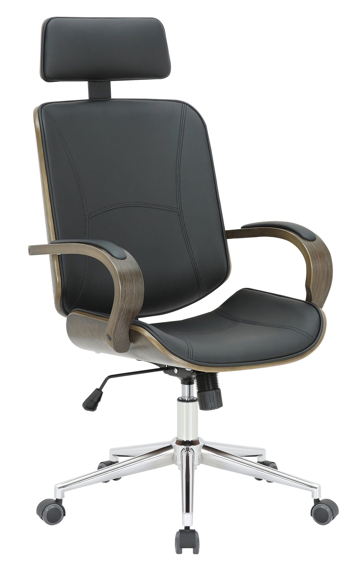 TPFLiving Bürostuhl Daytona mit bequemer Rückenlehne - höhenverstellbar und 360° drehbar (Schreibtischstuhl, Drehstuhl, Chefsessel, Bürostuhl XXL), Gestell: Metall chrom - Sitzfläche: Kunstleder schwarz/grau