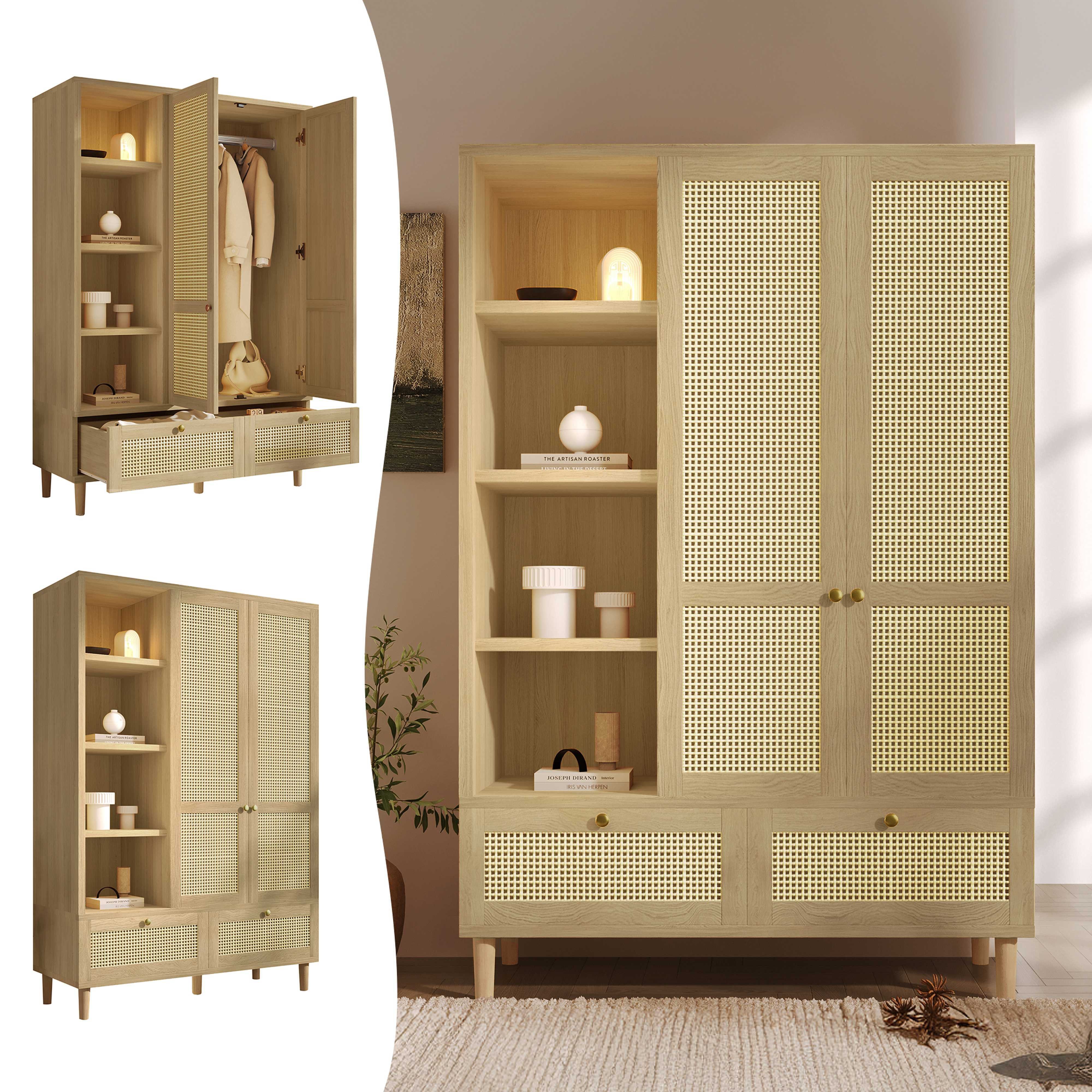 BlingBin Kleiderschrank Schlafzimmerschrank, Garderobenschrank (Kleiderschrank in heller Eiche mit Rattan & Bogenform, 1-St., mit Kleiderstange, 2 Schubladen, MDF & Massivholz, 180 cm hoch) Stauraum für Kleidung, Accessoires & Schuhe