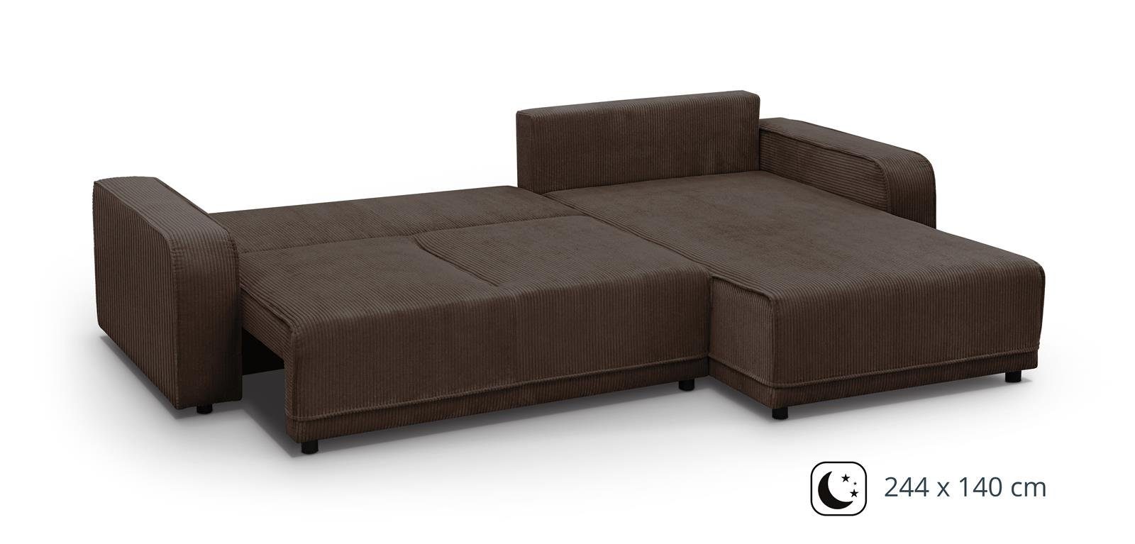 mane, L-Form, mit Braun Bettkasten Beautysofa (poso Primo, mit Ecke, Ecksofa 06) Schlaffunktion, universelle Cordstoff,290 in cm