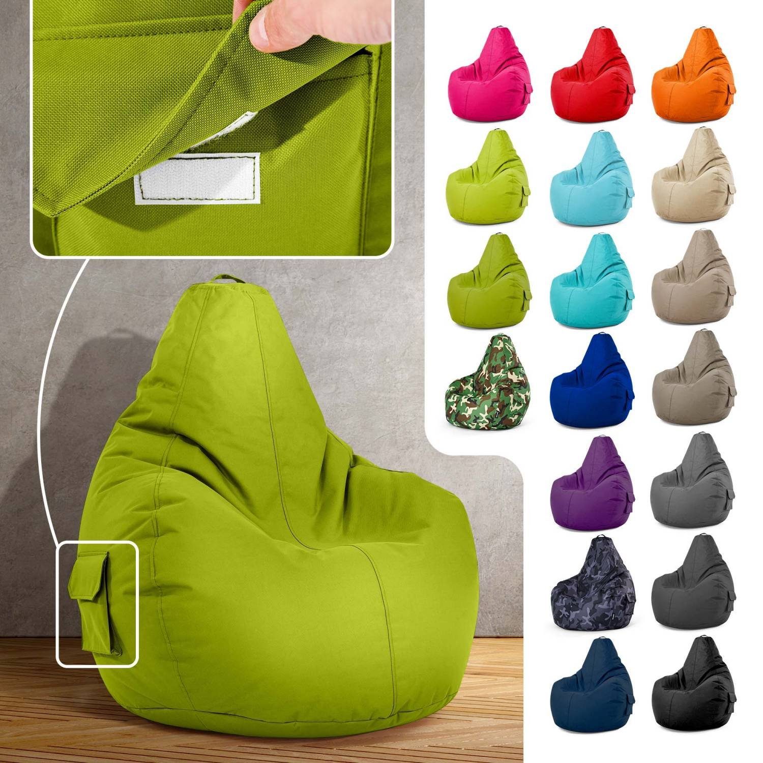 Green Bean Sitzsack Cozy (Sitzsack Kuschelig mit Gaming Bodenkissen Sitzhocker Relax-Sessel Lounge Bean Bag Chair Gamer Füllung, Rückenlehne Grün - Weich 80x70x90cm 230L mit Waschbar), Gamingstuhl