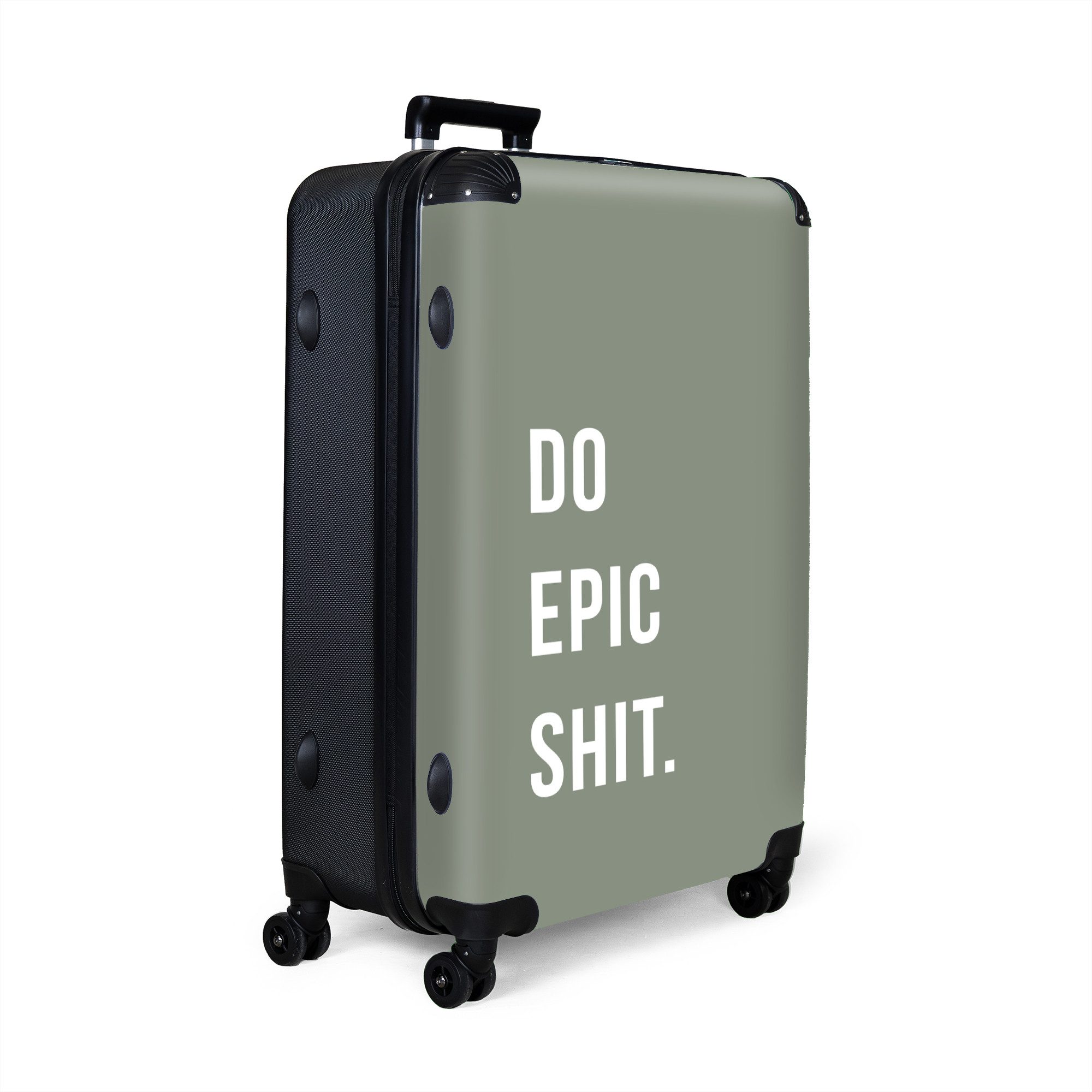 NoBoringSuitcases.com© Hartschalen-Trolley Zitate - Mach epischen Scheiß - Grün 77 cm - 98 L, 8 Rollen, Koffer Groß für 30kg, Trolley, Rollkoffer, Reisekoffer