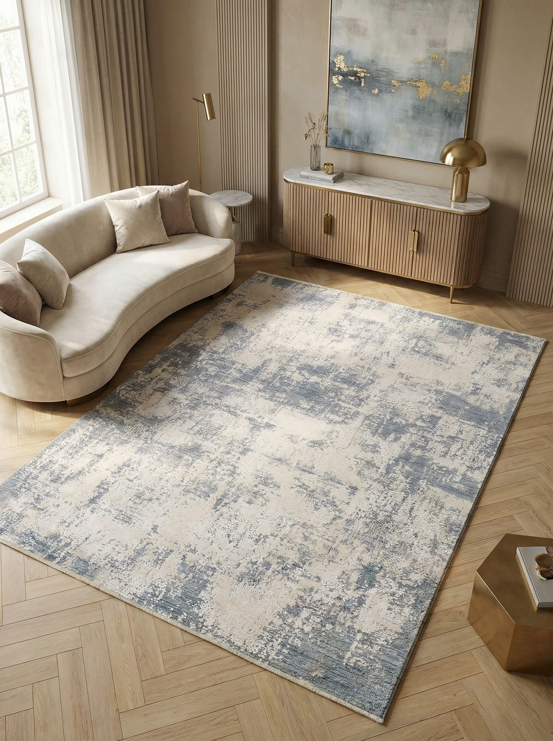 KADIMA DESIGN Teppich Abstrakter Veloursteppich, Naturtöne (Beige/Hellblau), Pflegeleicht, Rechteckig, Höhe: 18 mm, Rutschfester Baumwollrücken, Schallabsorbierend, Pflegeleicht