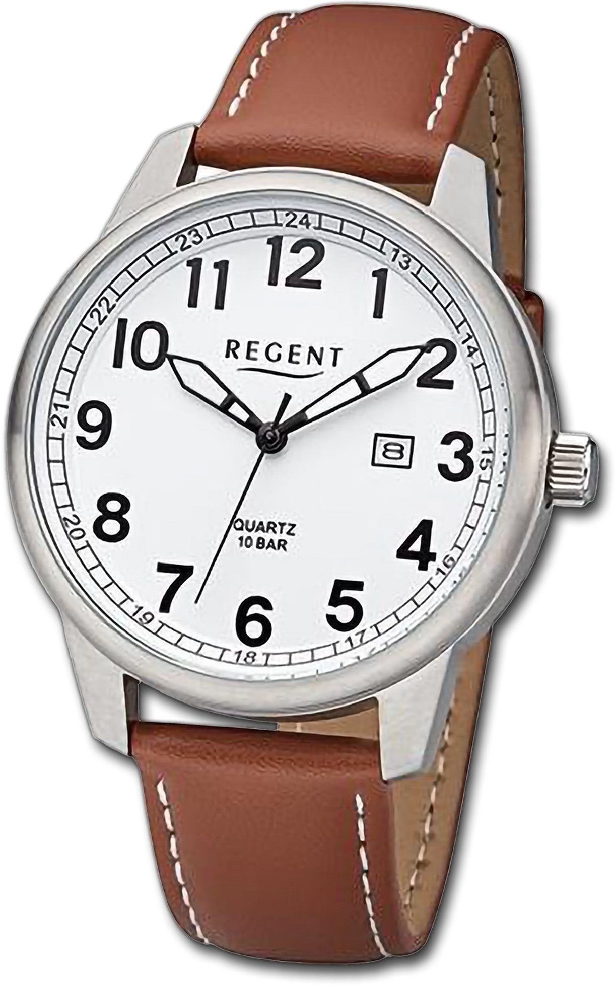 Regent Quarzuhr Regent Herren Armbanduhr Analog, 43mm) groß (ca. Herrenuhr braun, Gehäuse, rundes weiß, Lederarmband