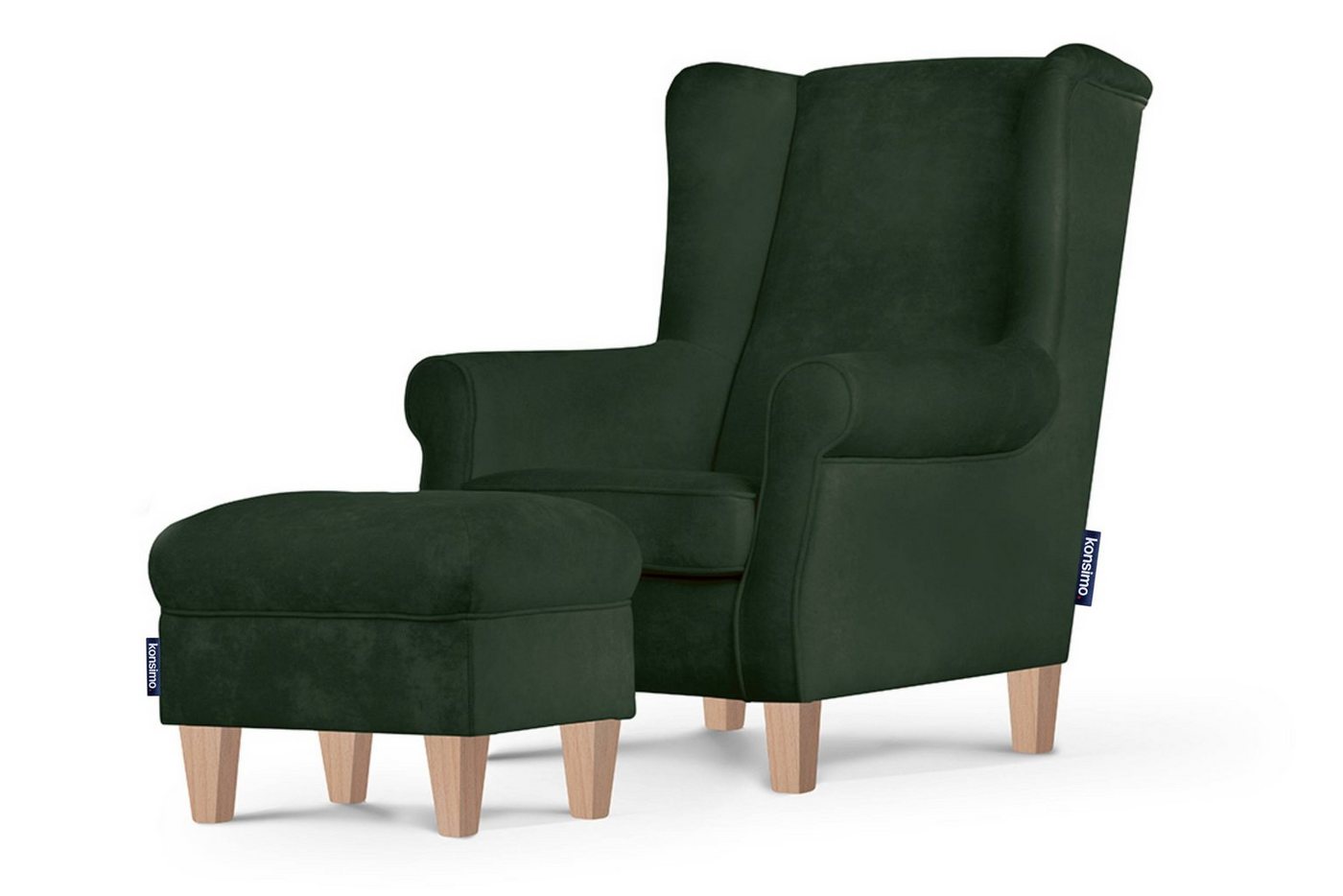 KONSIMO® Ohrensessel MILES Einzelsessel mit Sitzhocker, mit Armlehnen,pflegeleichter Stoff,Massivholzbeine