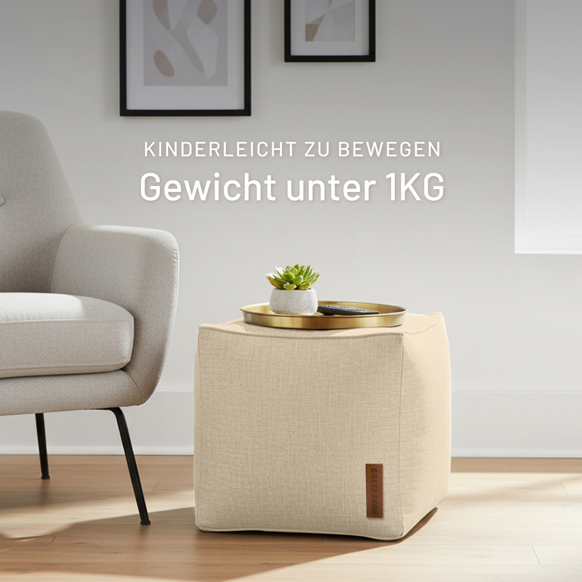 Green Bean Pouf Cube Linen (Indoor Sitzhocker Sitzkissen Fußhocker Relax-Sessel, Made in Germany), die ideale Ergänzung zum Sitzsack
