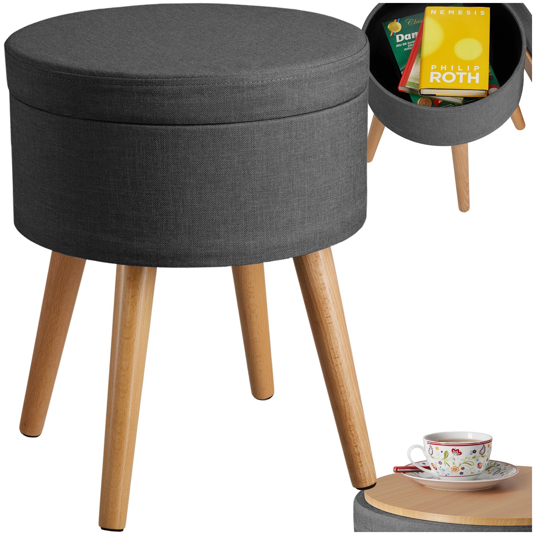 tectake Sitzhocker Schminkhocker Yara gepolstert in Leinenoptik 300kg mit Stauraum, rund