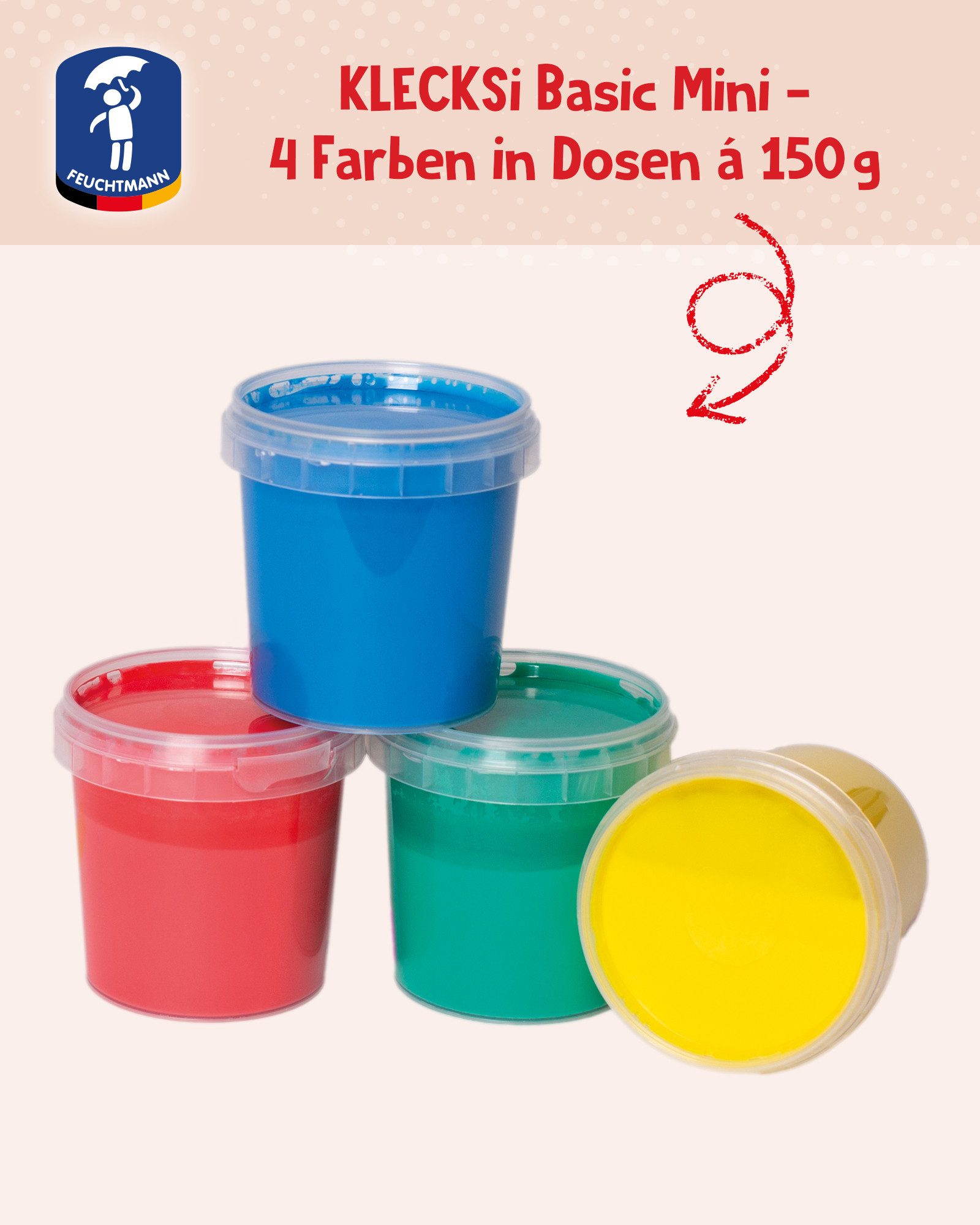 Feuchtmann Fingerfarbe KLECKSi Basic Mini, 4 x 150g hautfreundliche Fingermalfarbe für Kinder