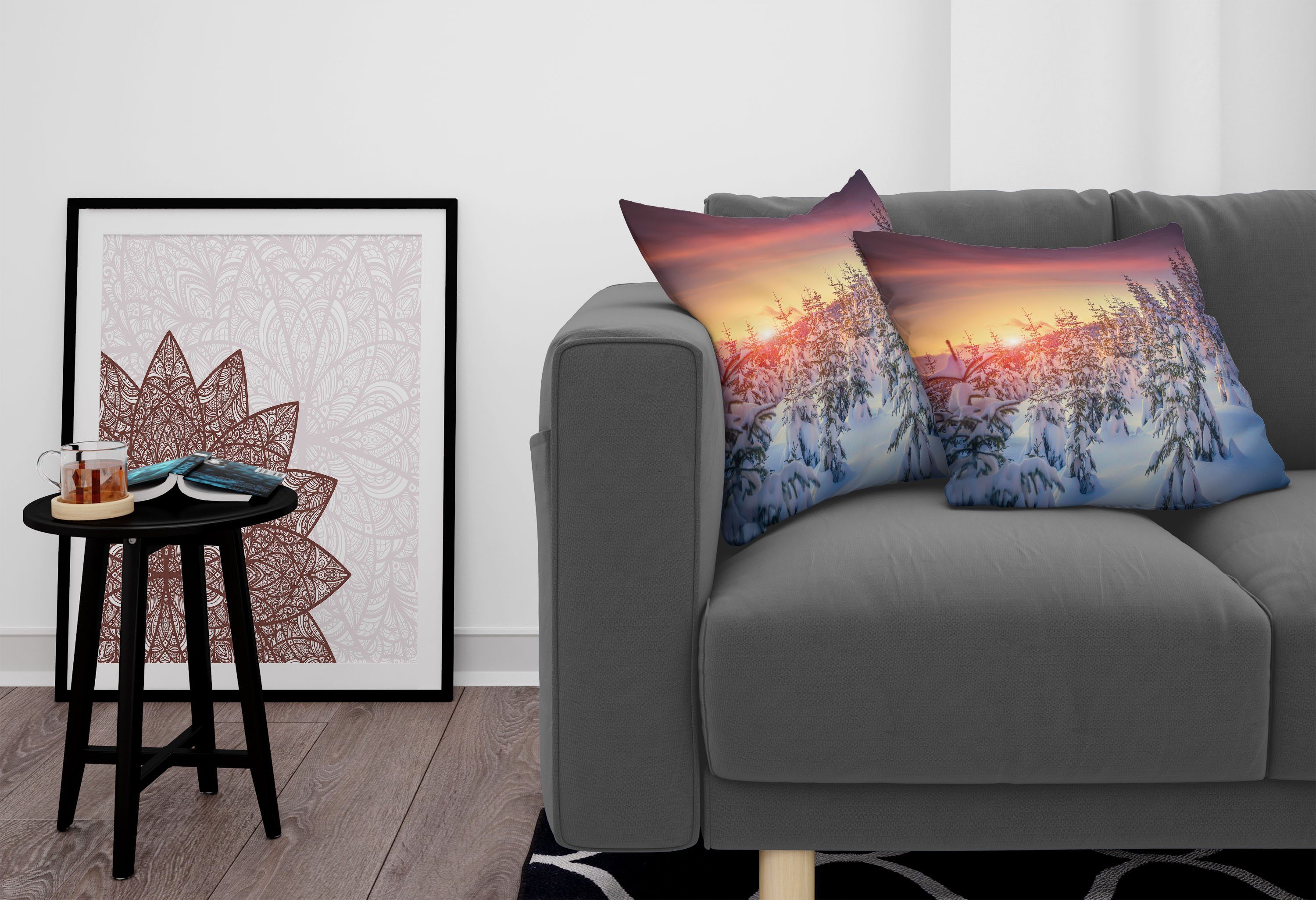 Modern Winterzeit Digitaldruck, Accent (2 Stück), Abakuhaus an Wald Sonnenaufgang Kissenbezüge Doppelseitiger der