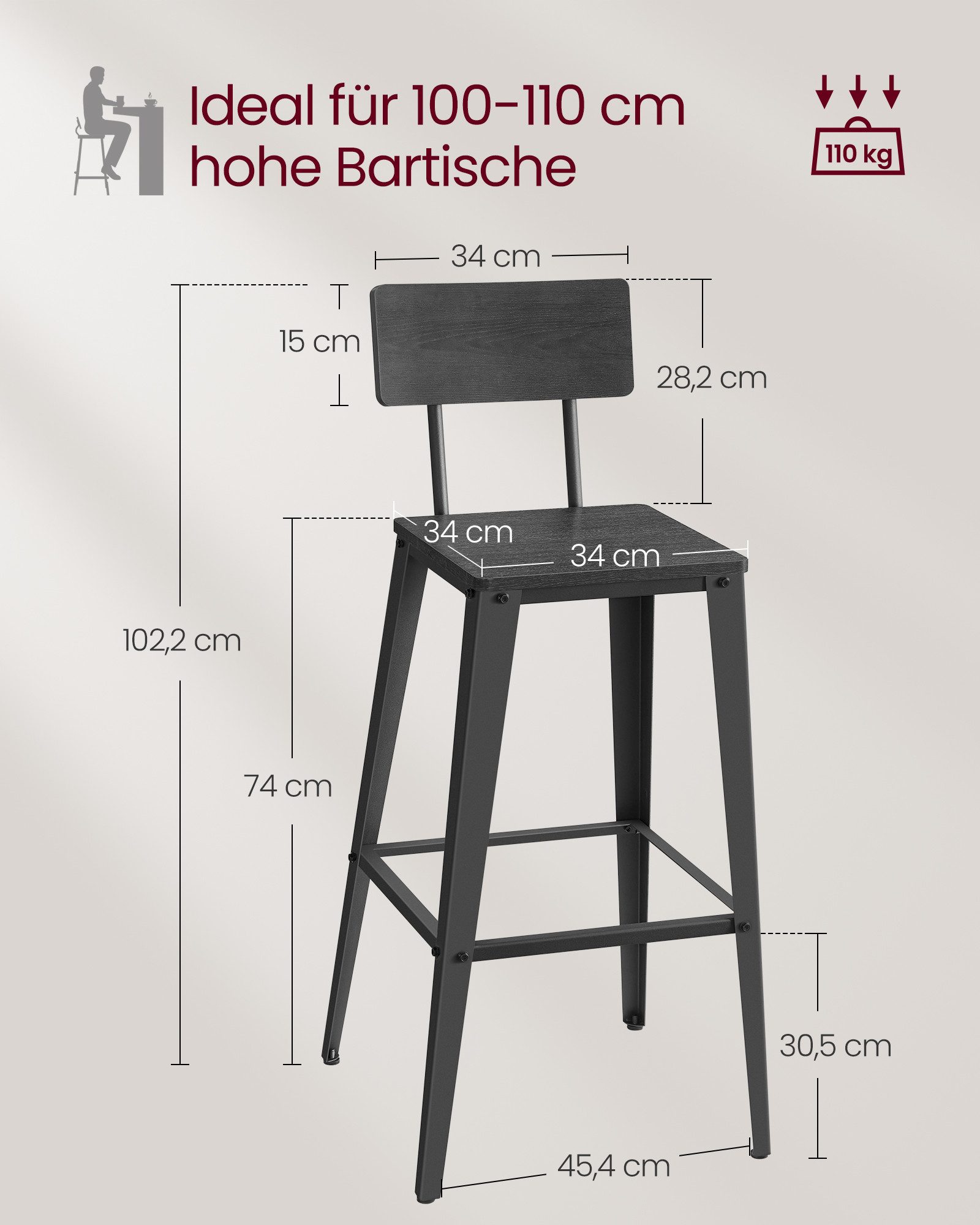 VASAGLE Barhocker 2er Set, Küchenstühle, mit Rückenlehne, 45,4 x 45,4 x 102,2 cm (2 St), Barstühle, Stahlgestell, Industrie-Design, aschschwarz-tintenschwarz
