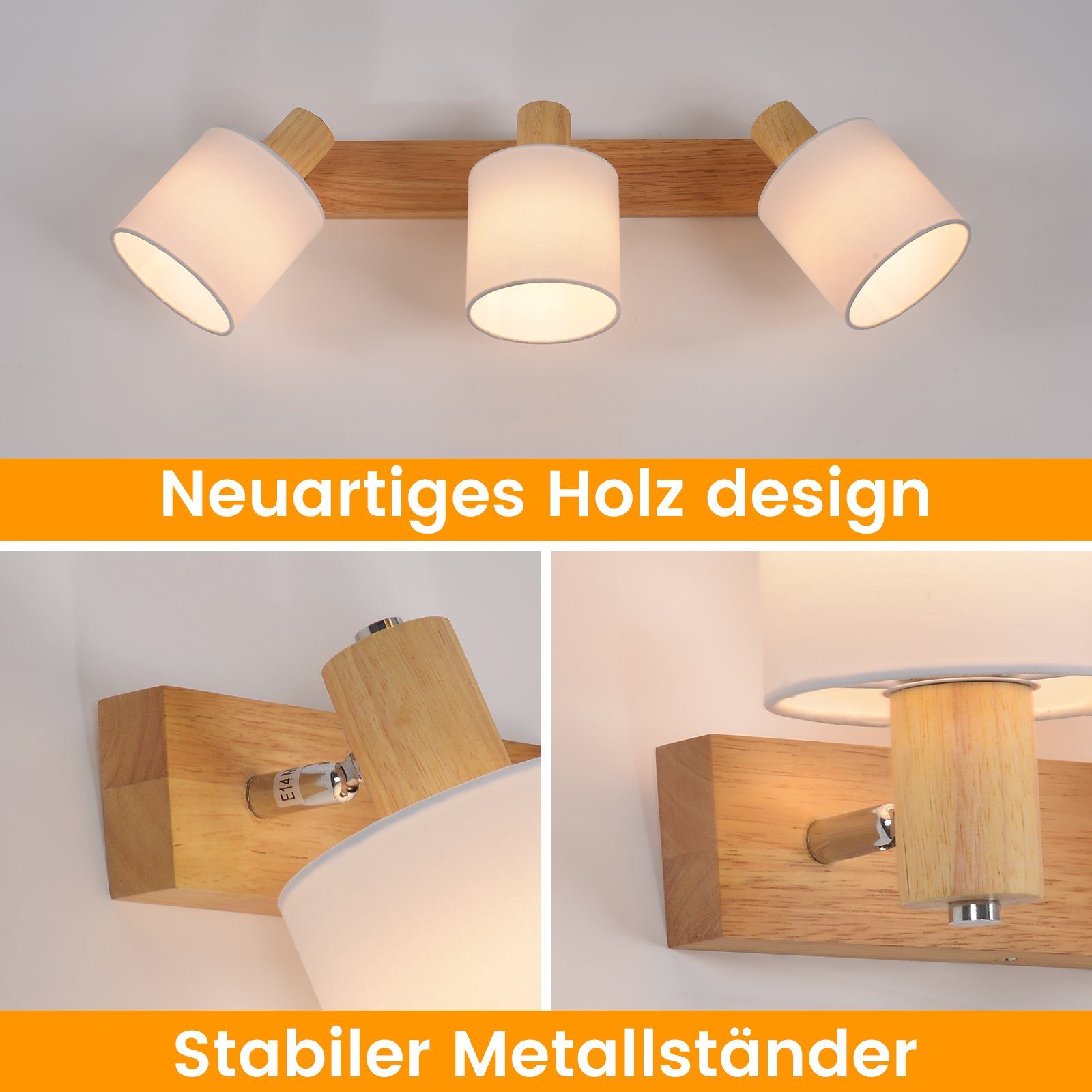 Modern Flammig 3 Deckenspot Leuchtmittel, Deckenstrahler ohne Deckenleuchte Schlafzimmer Wohnzimmer für Holz Schwenkbar, Küche, Stoffschrim Vintage ZMH