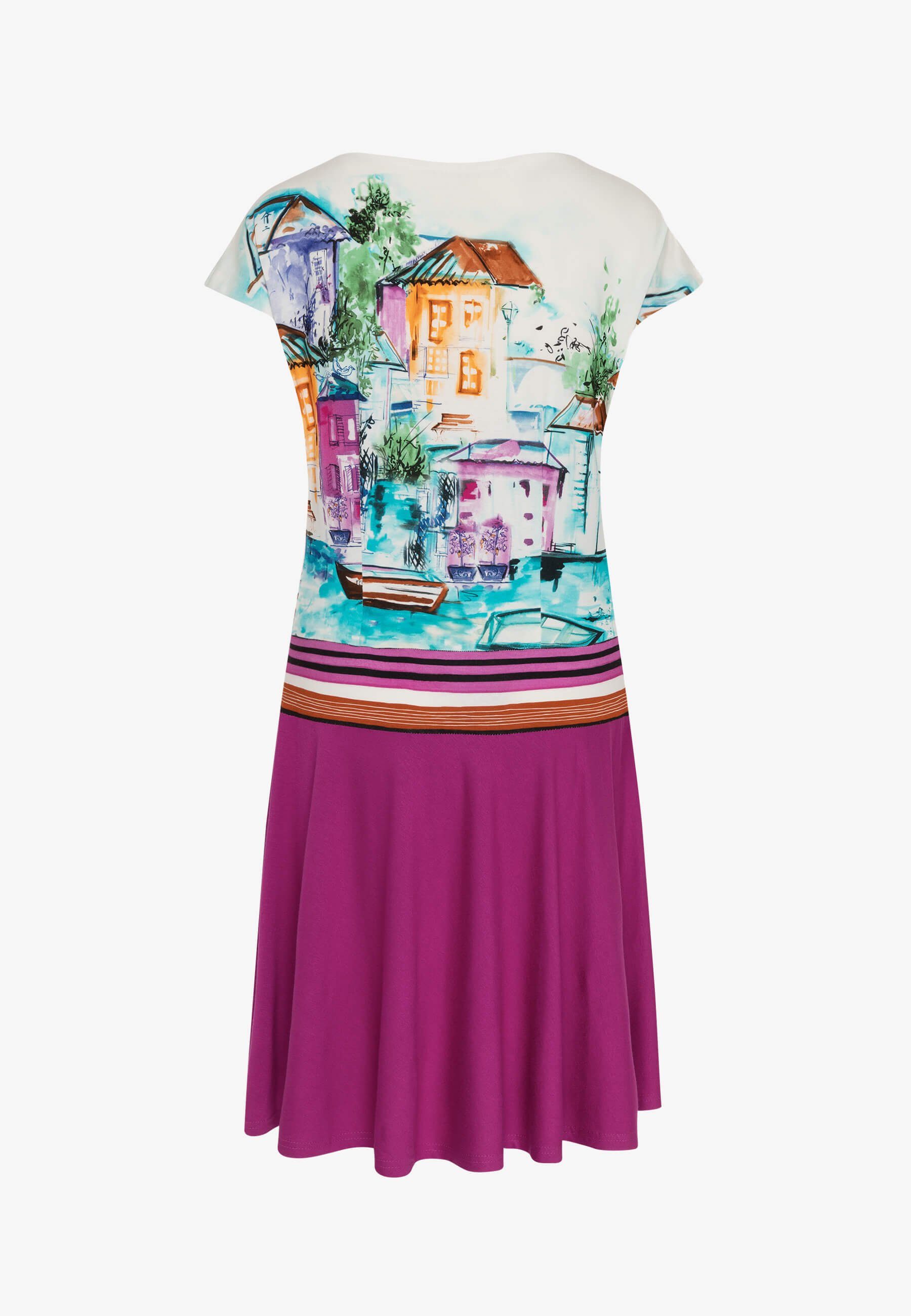 MODEE Sommerkleid mit Haus/Boote-Print Druck in leicht italienischer Optik Häuserprint Fuchsia farbenfrohen fallender femininer