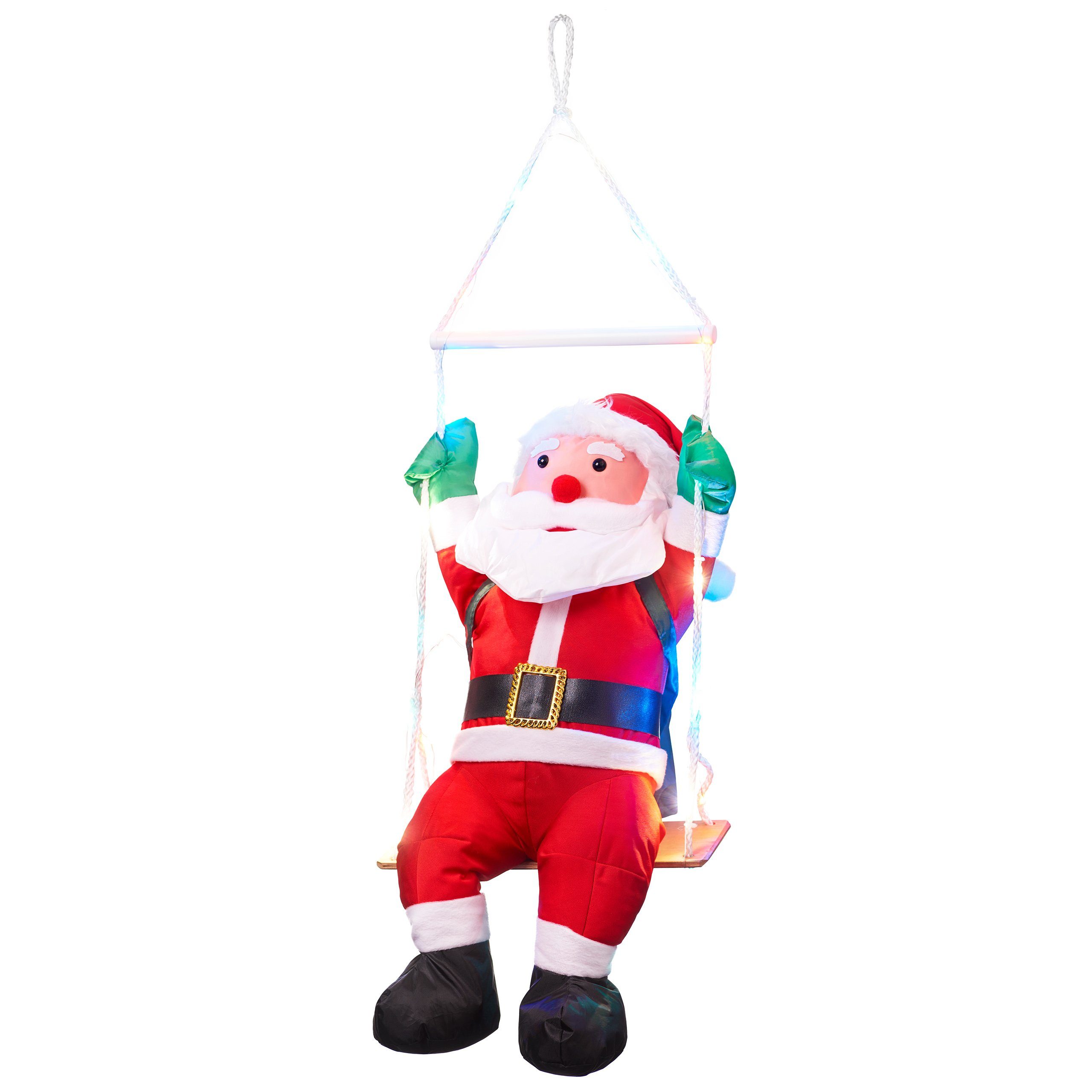 BONETTI Raburg Weihnachtsmann auf Schaukel mit bunten LEDs, weiche XL Deko-Figur für Weihnachten, mit 20 bunten LEDs, 6 h Timer, ca. 60 cm groß, Gesamthöhe: ca. 90 cm