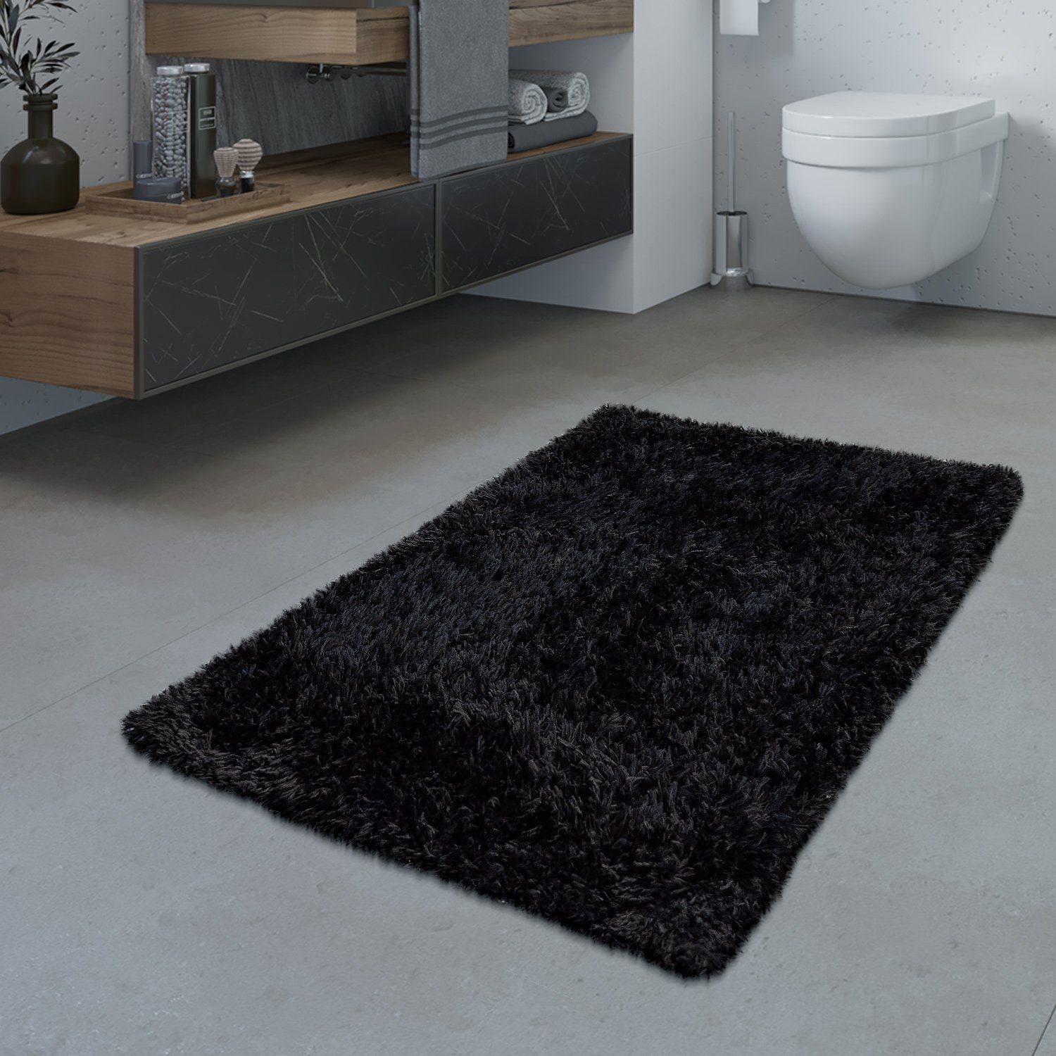 Fußmatte »Badezimmer Teppich Hochflor Badematte Modern Kuschelig Weich Uni  Schwarz«, TT Home, rechteckig, Höhe: 44 mm