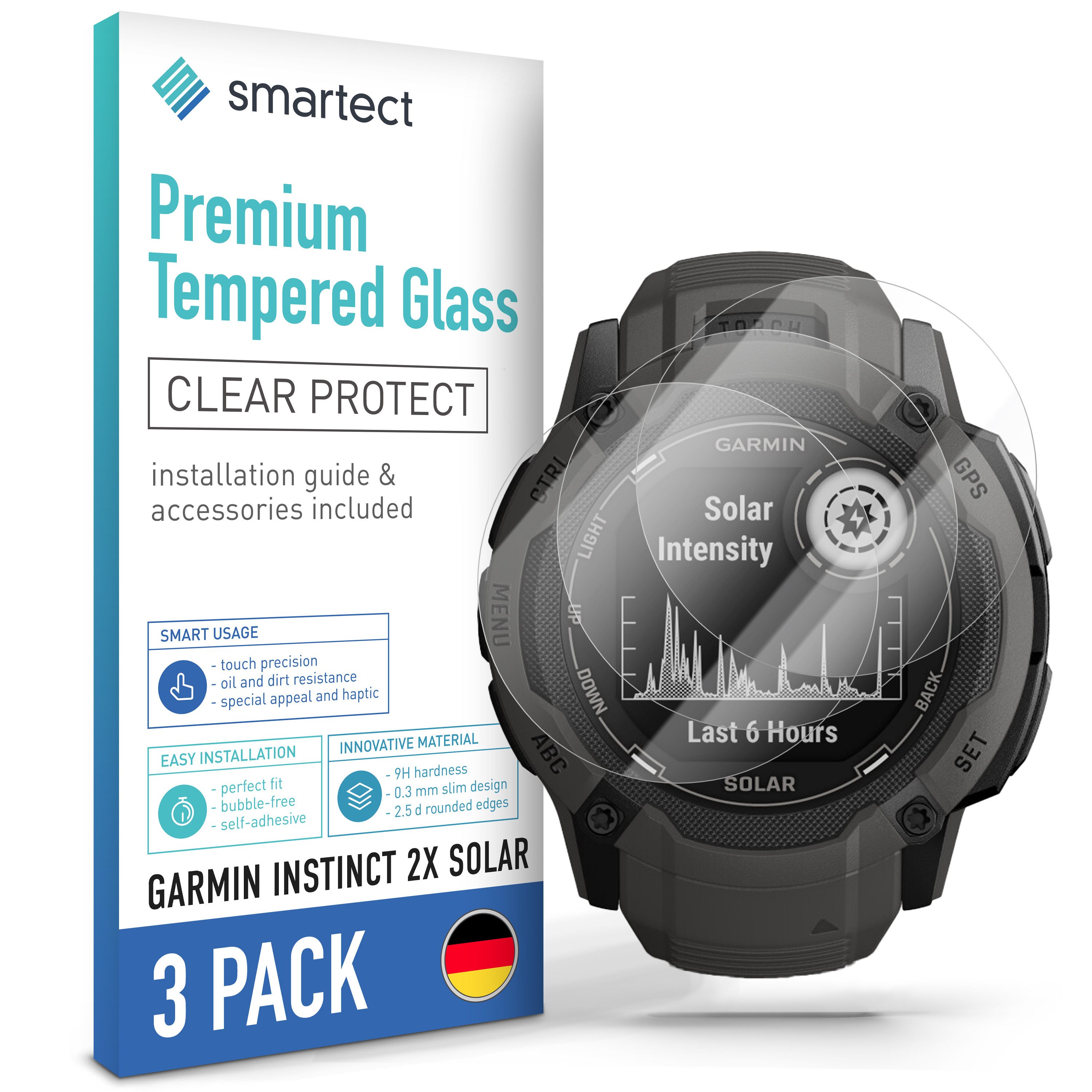 smartect Displayschutzglas Schutzglas Panzerfolie Klar für Garmin Instinct 2X Solar, Set, 3 Stück, Schutzfolie Glasschutz Bildschirm